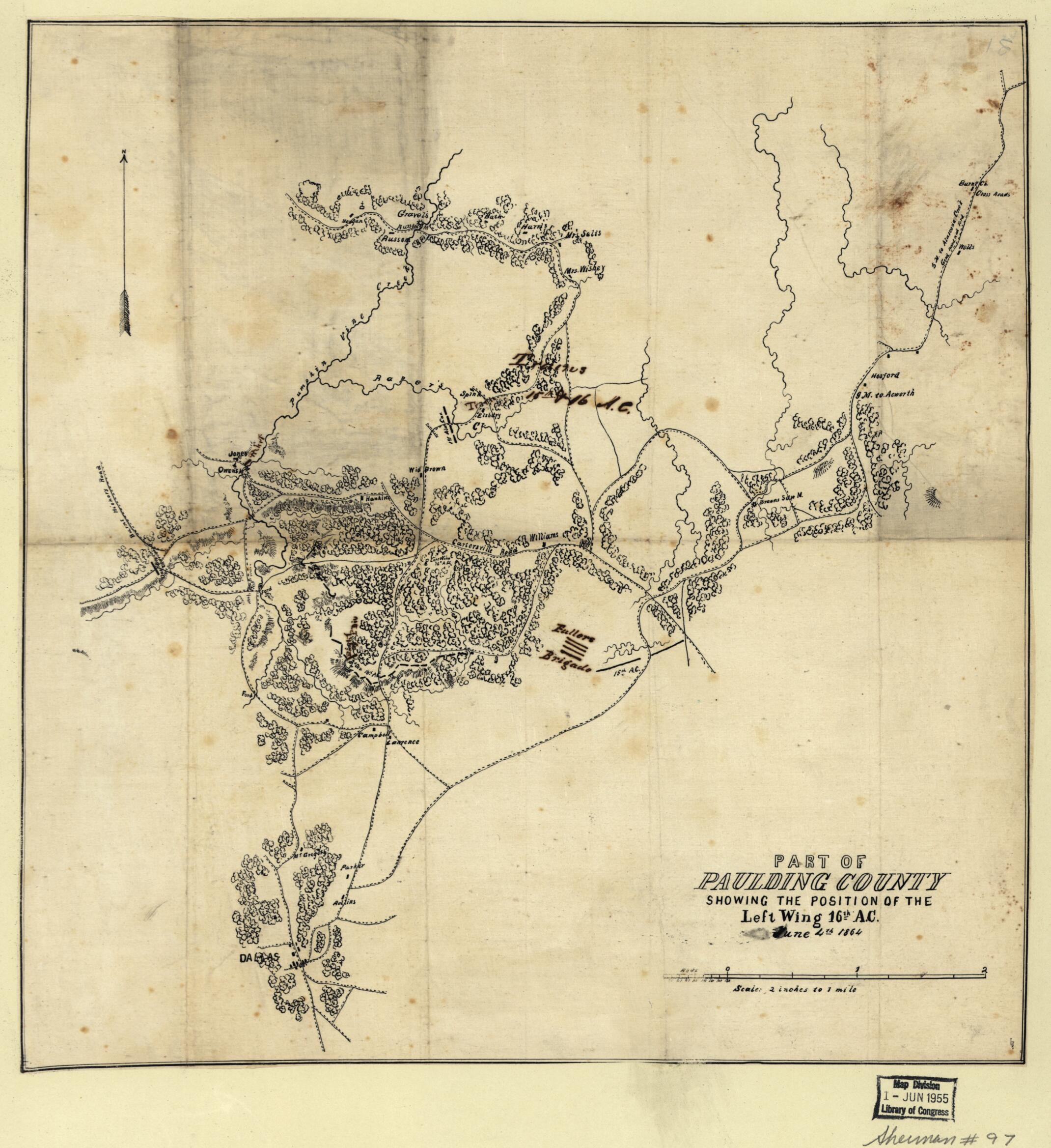 This old map of Part of Paulding County Showing the Position of the Left Wing 16th A.C., June 4th, from 1864 was created by in 1864