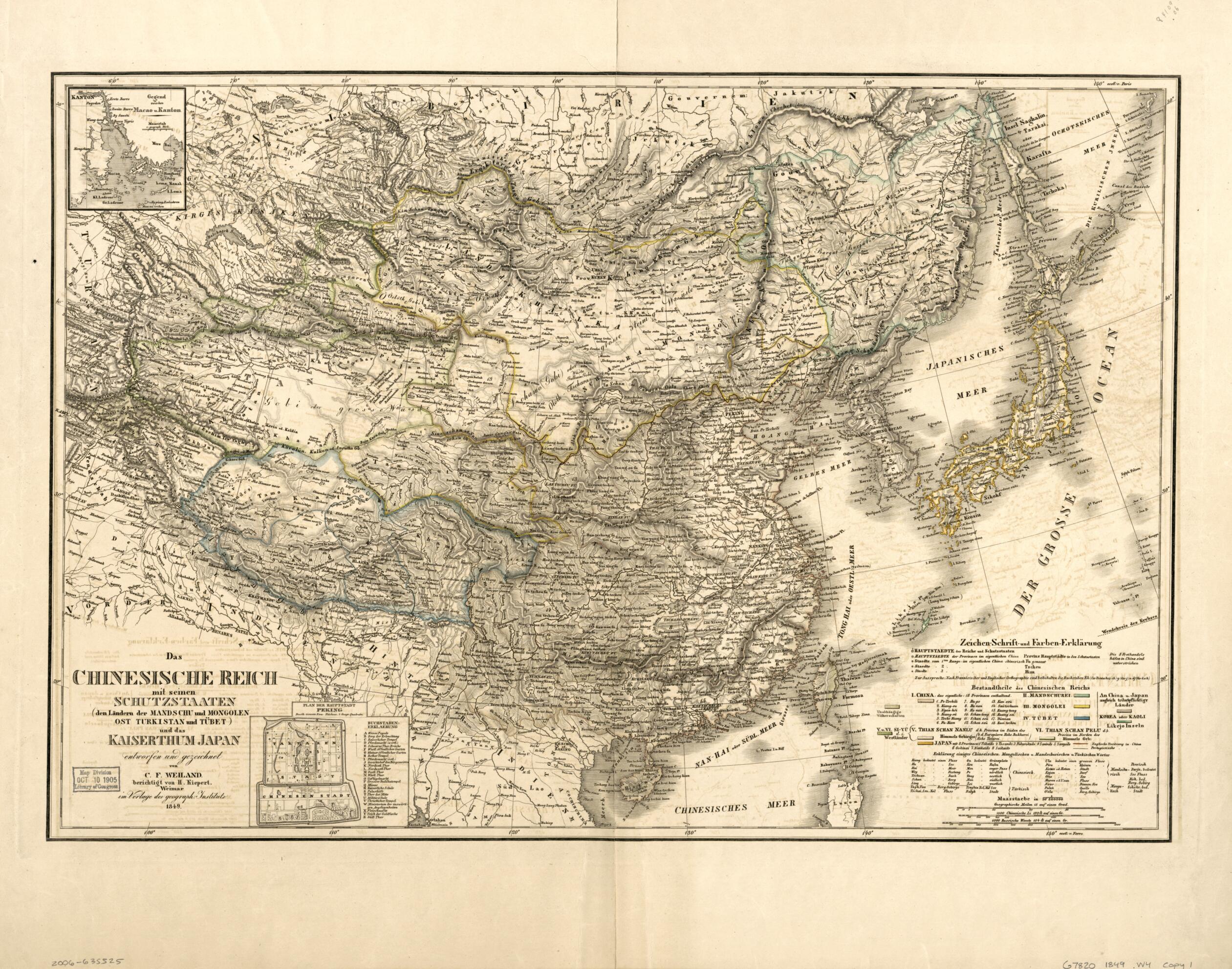 This old map of Das Chinesische Reiche Mit Seinen Schutzstaaten (den Ländern Der Mandschu Und Mongolen, Ost Turkistan Und Tübet) Und Das Kaiserthum Japan from 1849 was created by Thuringia Geographisches Institut (Weimar, Heinrich Kiepert, C. F. (Carl