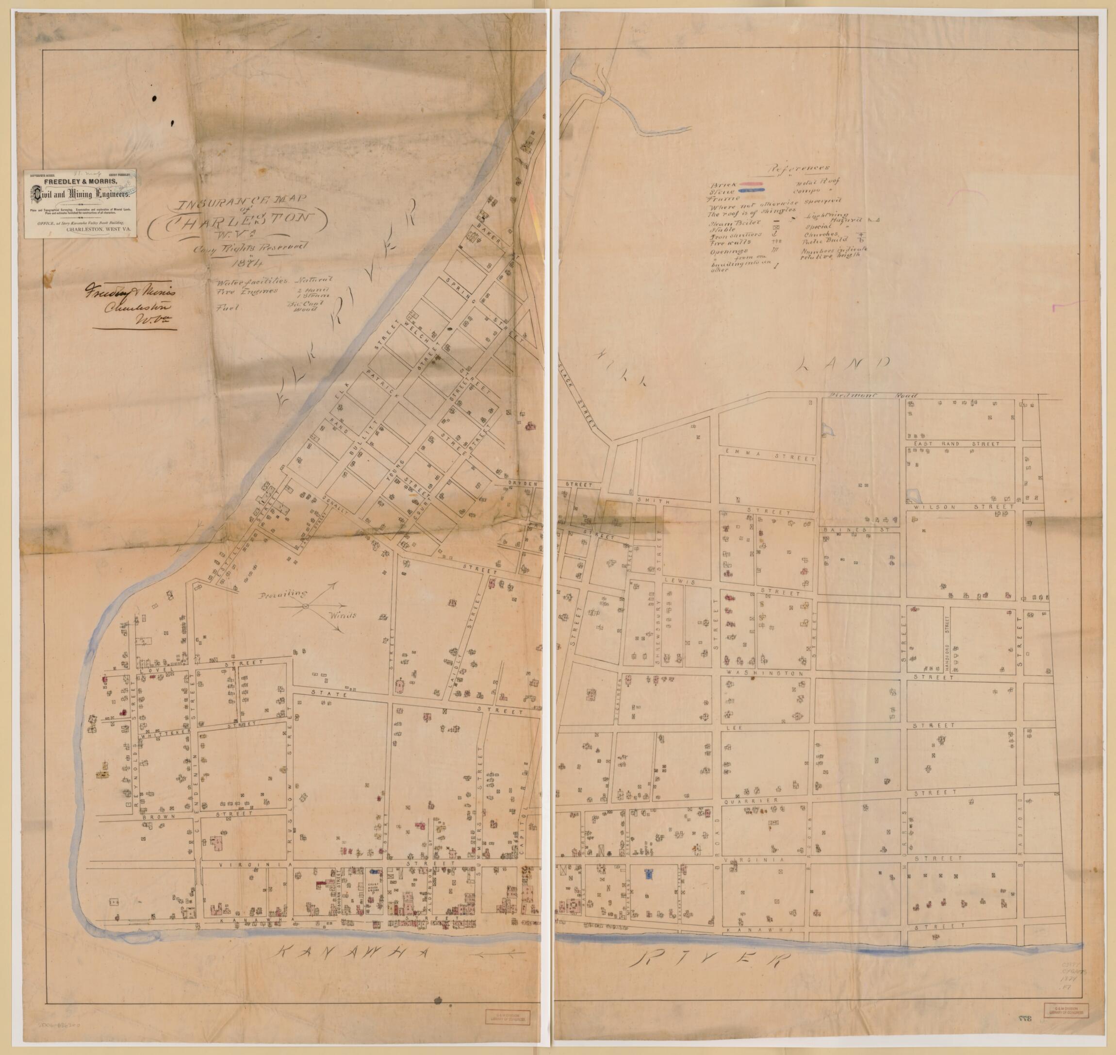 This old map of Insurance Map of Charleston, W. Va from 1874 was created by Freedley & Morris in 1874