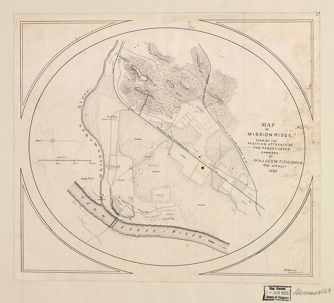 This old map of Map of Mission sic Ridge Showing the Position Attacked by the Forces Under Command of Maj. Gen. W. T. Sherman, Nov. 24th & 25th from 1863 was created by H. S. Hebard in 1863