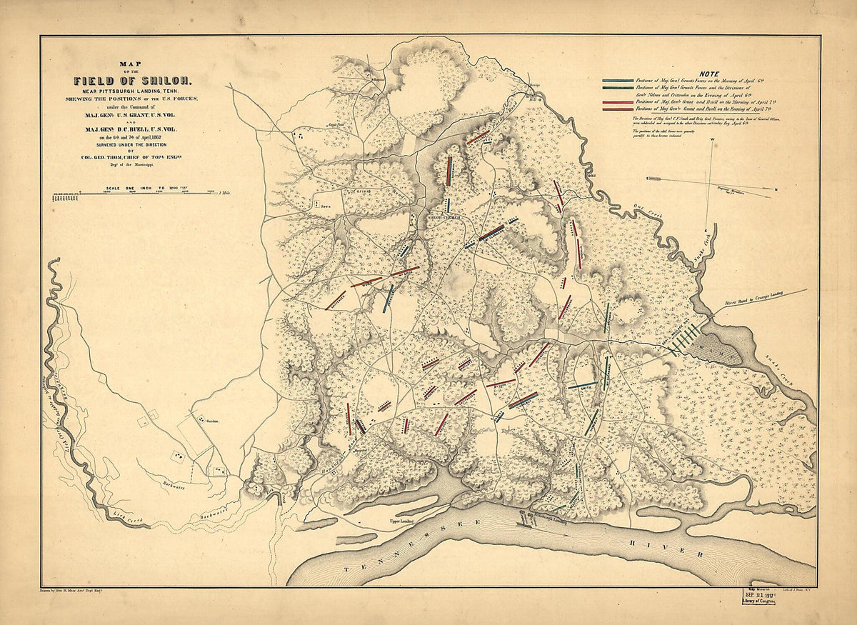 Map of the Field of Shiloh, Near Pittsburgh Landing, Tennessee, Shewing the Positions of the U.S. Forces Under the Command of Maj. Genl. U. S. Grant, U.S. Vol. and Maj. Genl. D. C. Buell, U.S. Vol. On the 6th and 7th of April 1862 by Relic Map Company