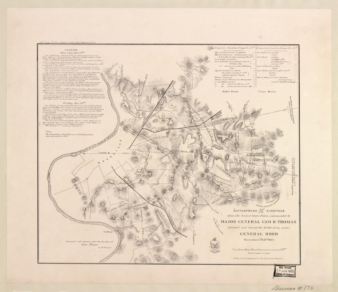 This old map of Battlefields In Front of Nashville Where the United States Forces Commanded by Major General Geo. H. Thomas Defeated and Routed the Rebel Army Under General Hood, December 15th & 16th from 1864 was created by M. Peseux in 1864