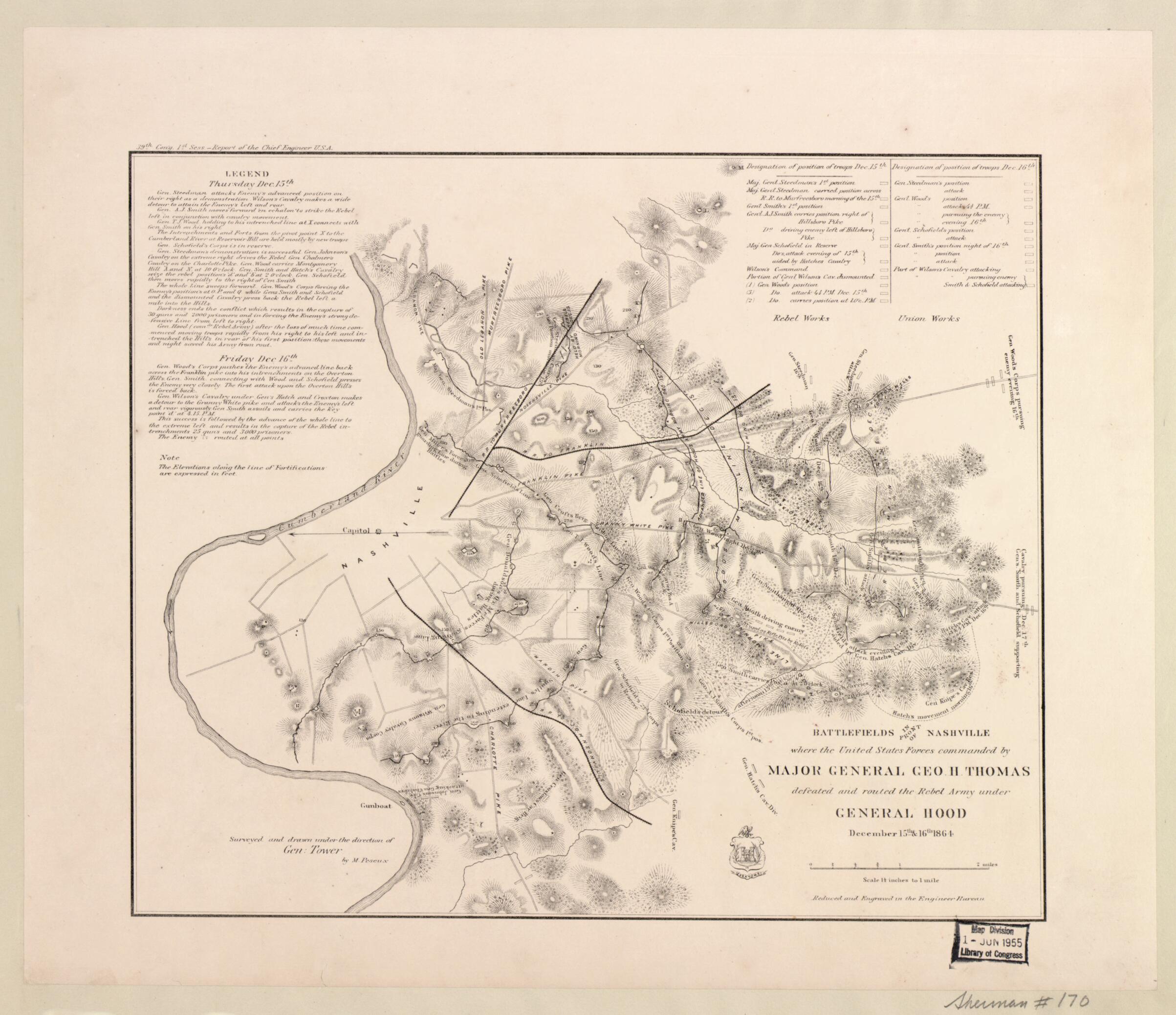 This old map of Battlefields In Front of Nashville Where the United States Forces Commanded by Major General Geo. H. Thomas Defeated and Routed the Rebel Army Under General Hood, December 15th & 16th from 1864 was created by M. Peseux in 1864