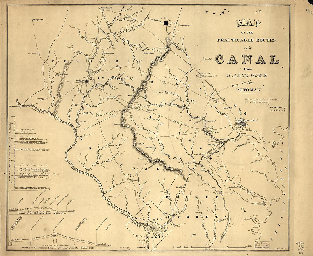 This old map of Map of the Practicable Routes of a Canal from Baltimore to the Potomak from 1838 was created by Edward W. Bridges, Fielding Lucas in 1838
