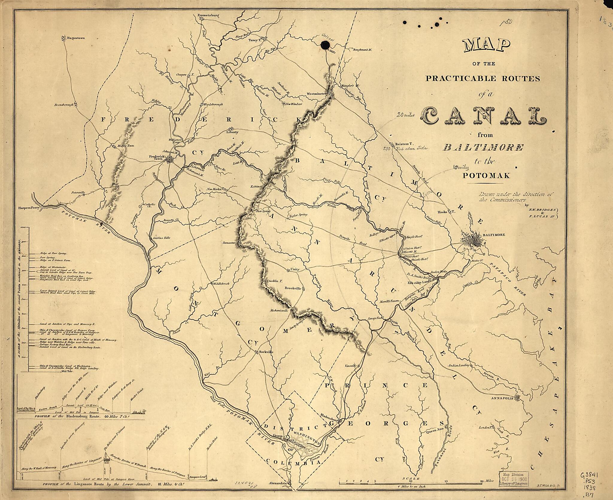 This old map of Map of the Practicable Routes of a Canal from Baltimore to the Potomak from 1838 was created by Edward W. Bridges, Fielding Lucas in 1838