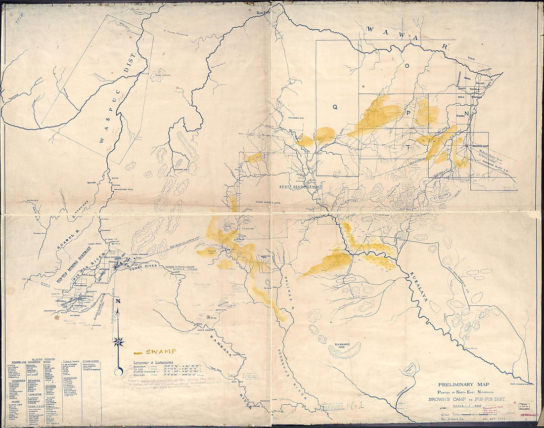 This old map of Pis Dist. (Preliminary Map, Portion of Northeast Nicaragua) from 1927 was created by in 1927