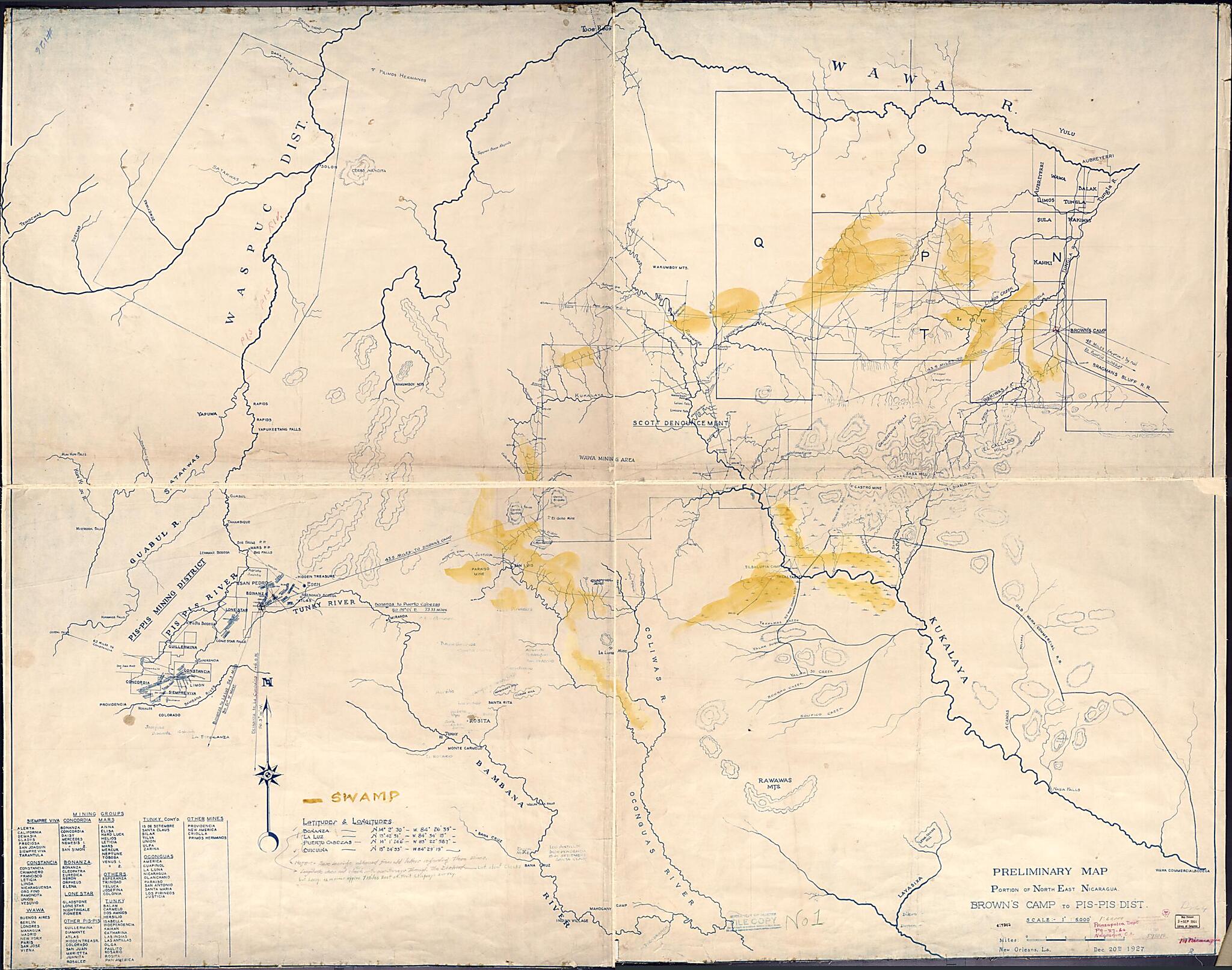 This old map of Pis Dist. (Preliminary Map, Portion of Northeast Nicaragua) from 1927 was created by in 1927