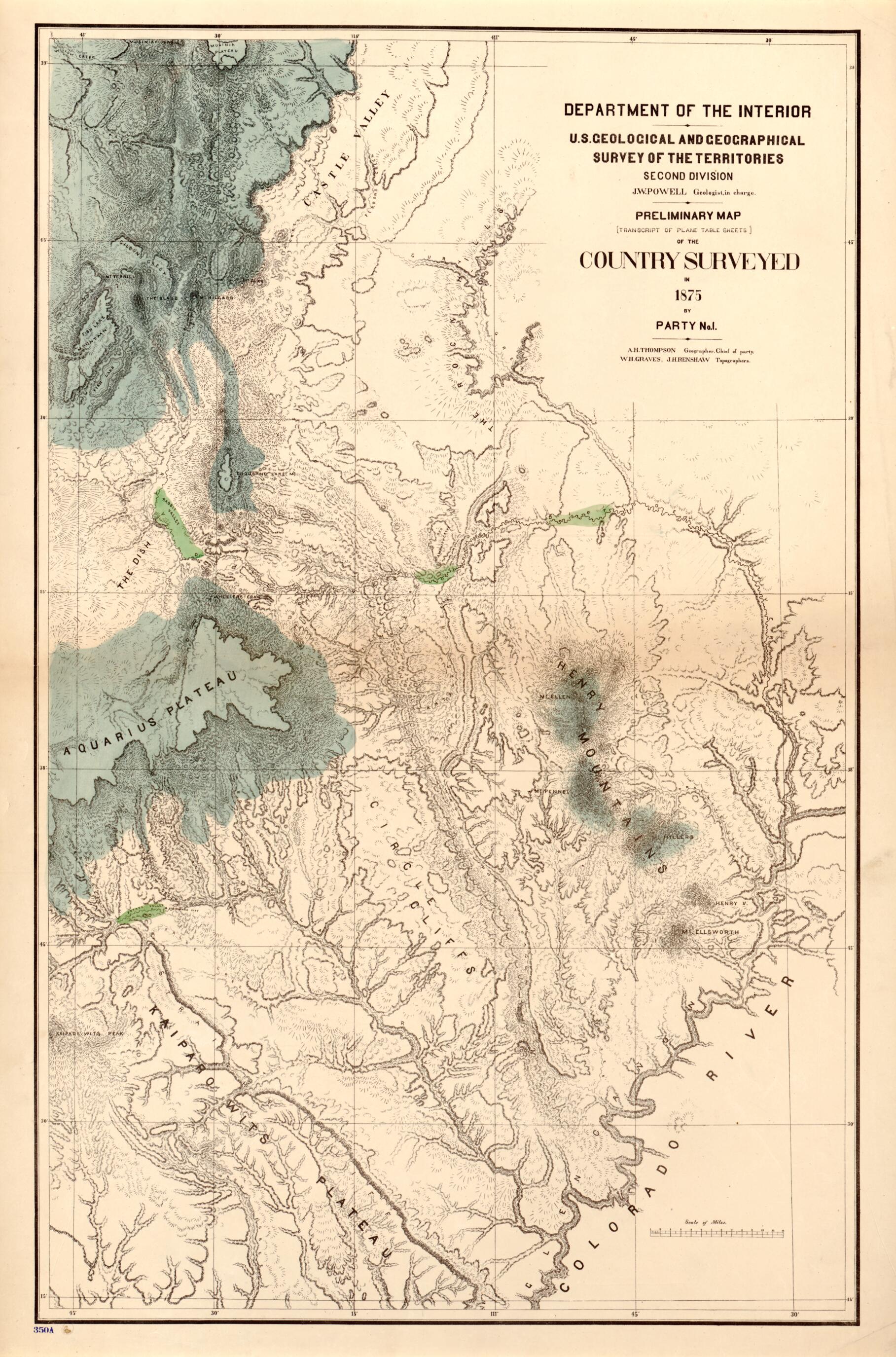 This old map of Preliminary Map transcript of Plane Table Sheets of the Country Surveyed In from 1875, by Party No. 1 (Preliminary Map of the Country Surveyed In from 1875, by Party No. 1) was created by Geological and Geographical Survey of the Territo