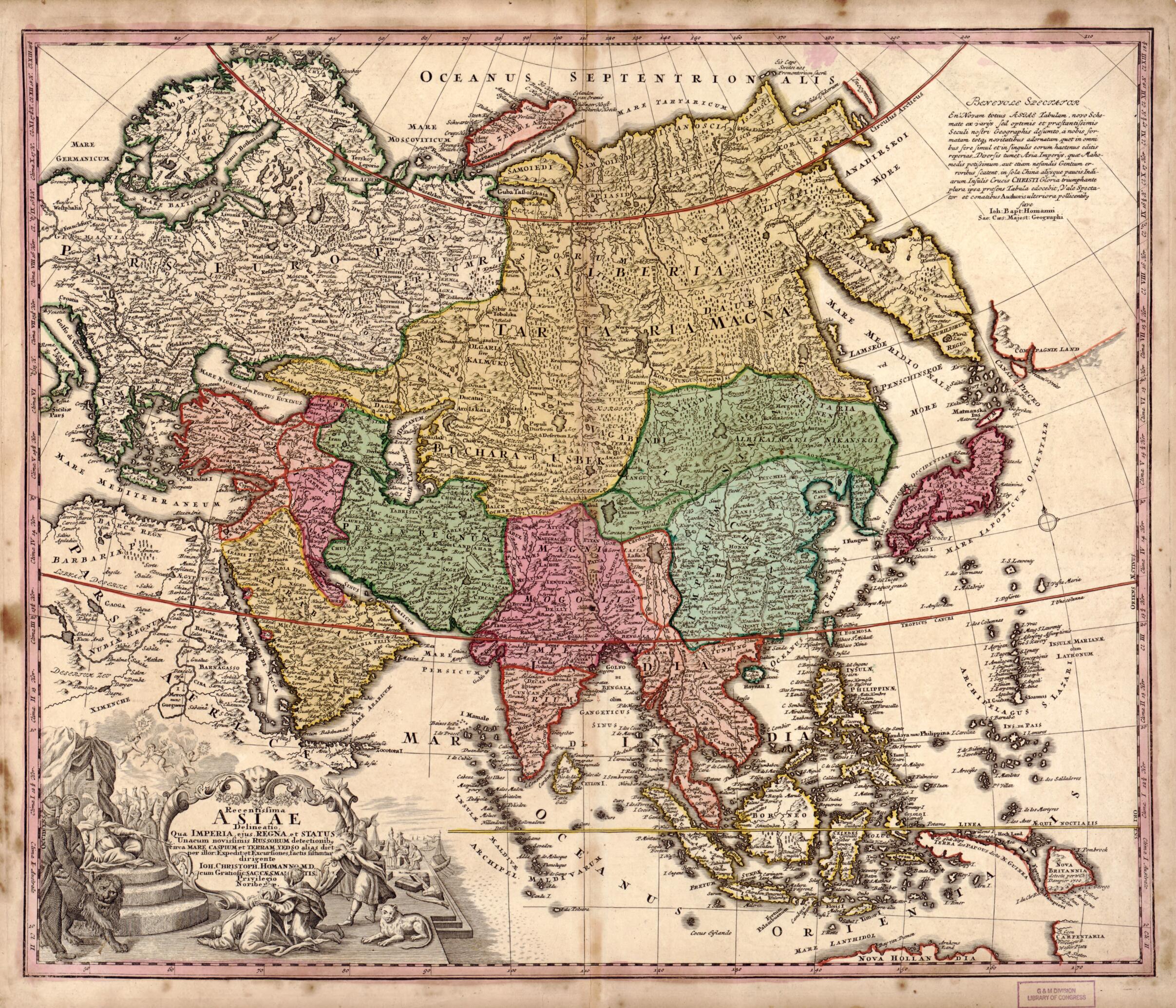 This old map of Recentissima Asiae Delineatio, Qua Imperia, Ejus, Regna, Et Status, Unacum Novissimis Russorum Detectionibg Circa Mare Caspium Et Terram, Yedso Alias Dict from 1743 was created by Johann Baptist Homann, Johann Christoph Homann in 1743