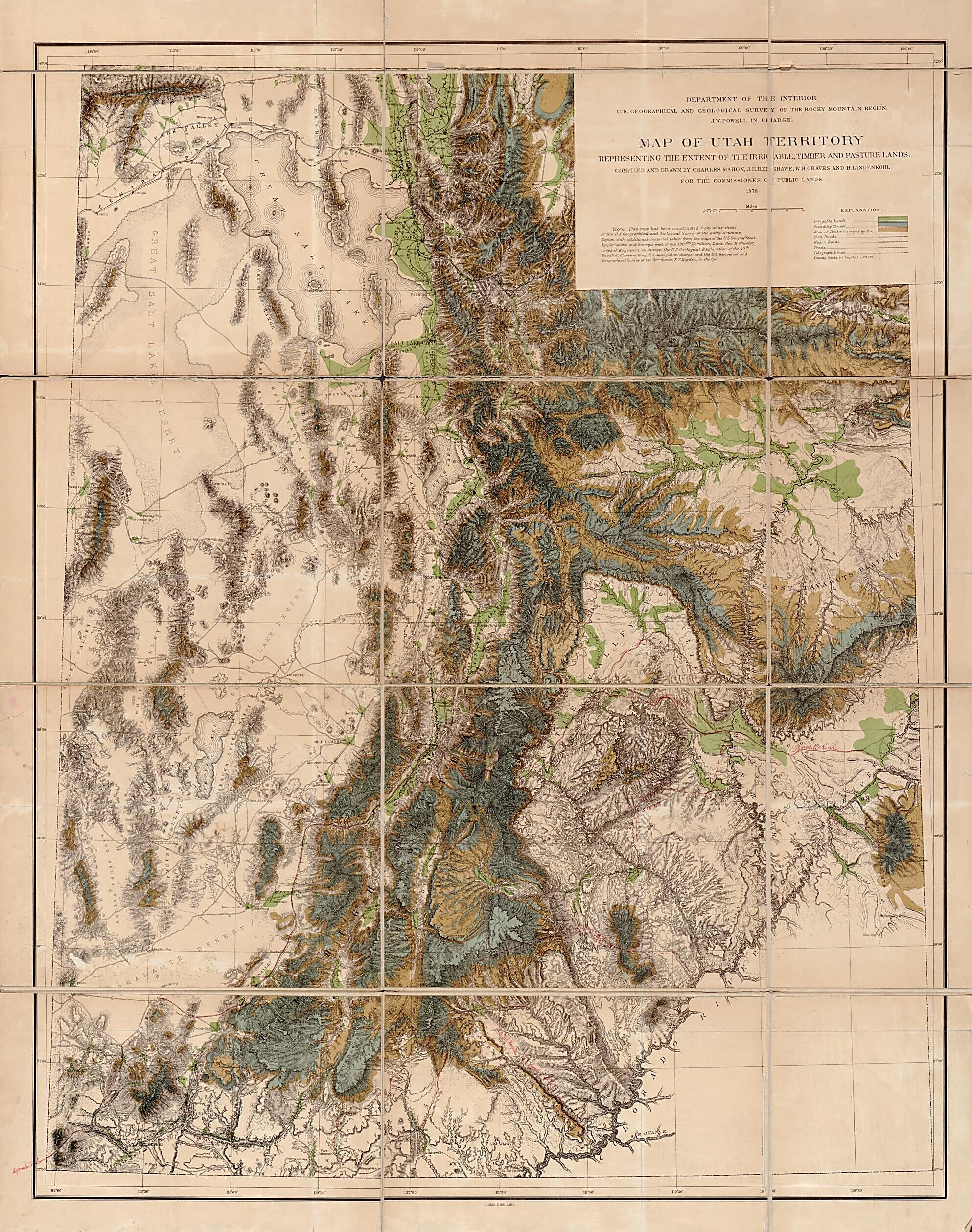 This old map of Map of Utah Territory Representing the Extent of the Irrigable, Timber and Pasture Lands from 1878 was created by Julius Bien, Geographical and Geological Survey of the Rocky Mountain Region (U.S.), H. (Henry) Lindenkohl, Charles Mahon,