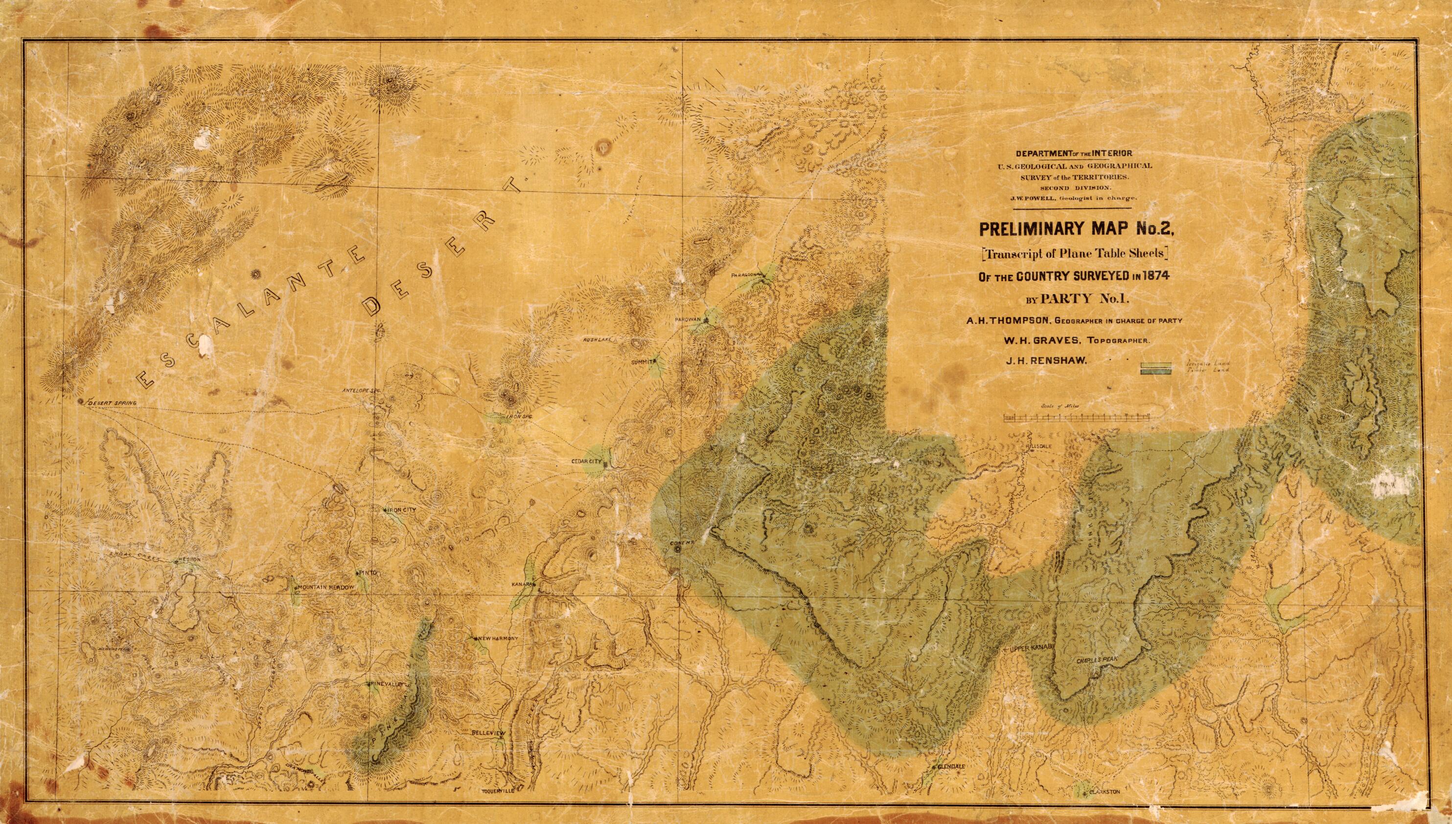 This old map of Preliminary Map No. 2, (transcript of Plane Table Sheets) of the Country Surveyed In from 1874 by Party No. 1 was created by Geological and Geographical Survey of the Territories (U.S.), John Wesley Powell, A. H. (Almon Harris) Thompson