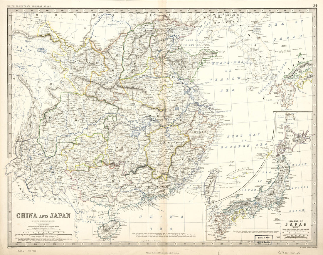 This old map of China and Japan from 1861 was created by Keith Johnston, W. & A.K. Johnston Limited, William Blackwood and Sons in 1861