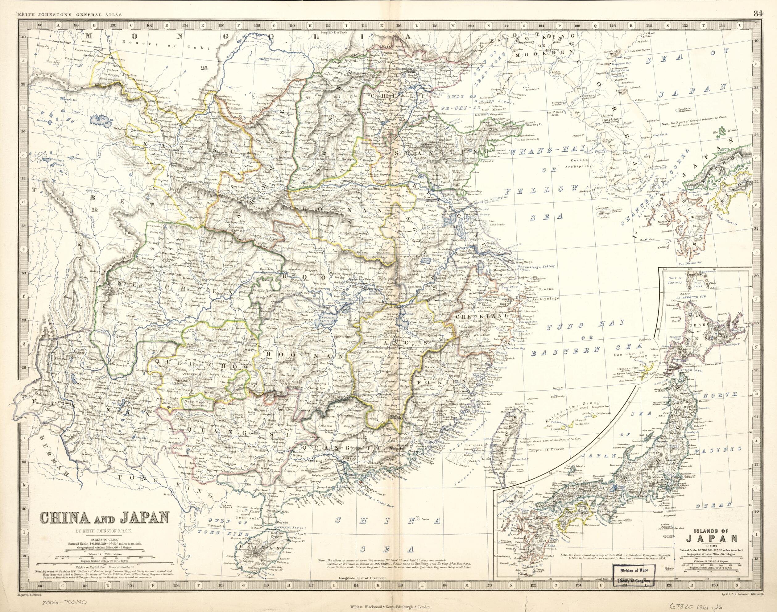 This old map of China and Japan from 1861 was created by Keith Johnston, W. & A.K. Johnston Limited, William Blackwood and Sons in 1861
