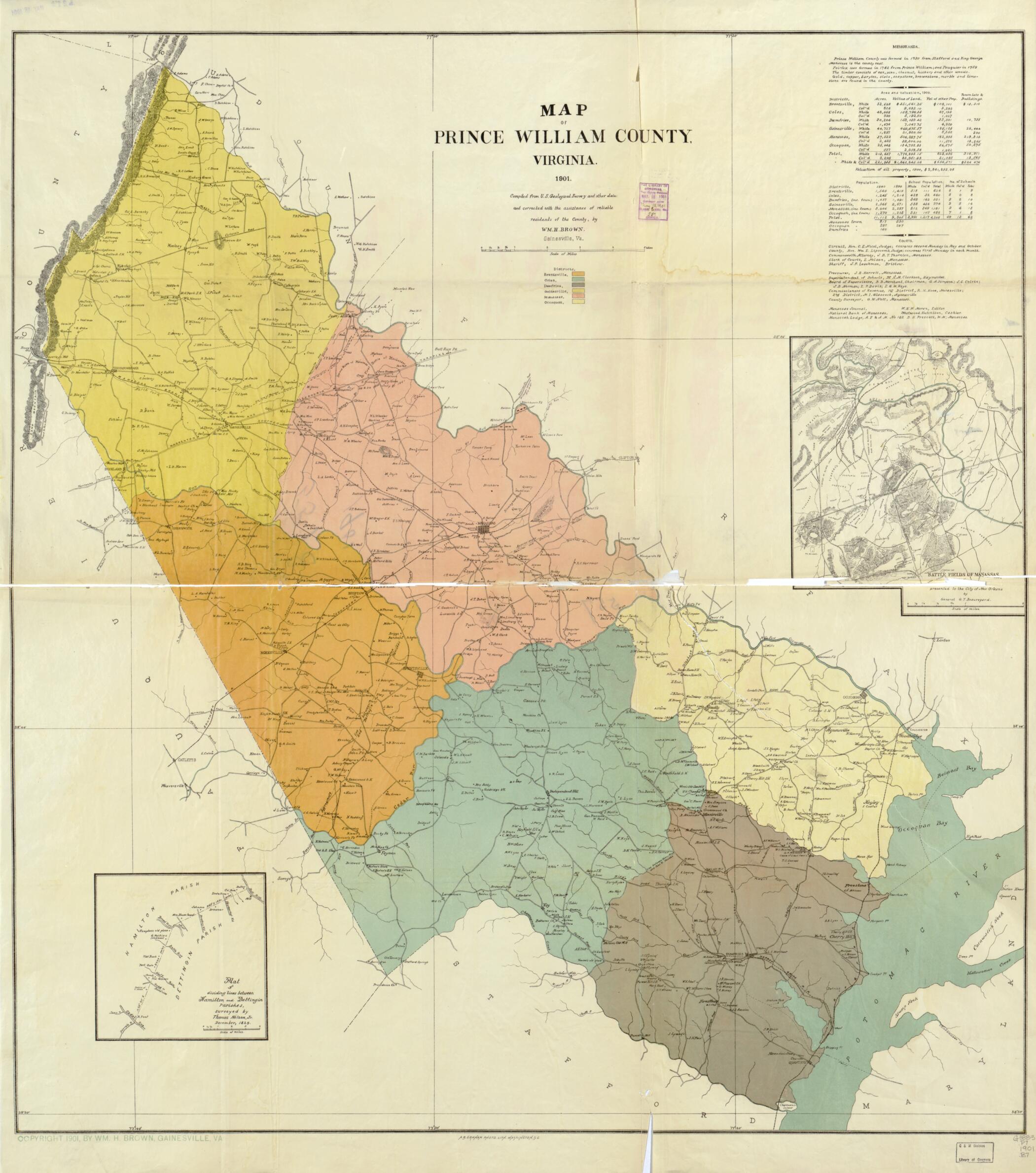 This old map of Map of Prince William County, Virginia : Compiled from U.S. Geological Survey and Other Data and Corrected With the Assistance of Reliable Residents of the County from 1901 was created by Wm. H. (William H.) Brown in 1901
