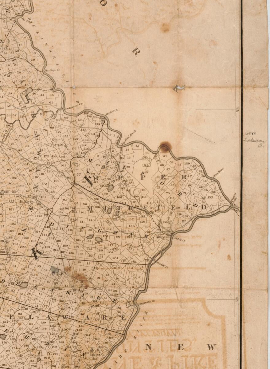This old map of A Map of Wayne & Pike Counties, Pennsylvania : Shewing the Situations & Forms of the Warrantee Tracts, With the Numbers by Which the Respective Tracts Are Distinguished In the Maps & Books In the Office of the Commissioners of Places for