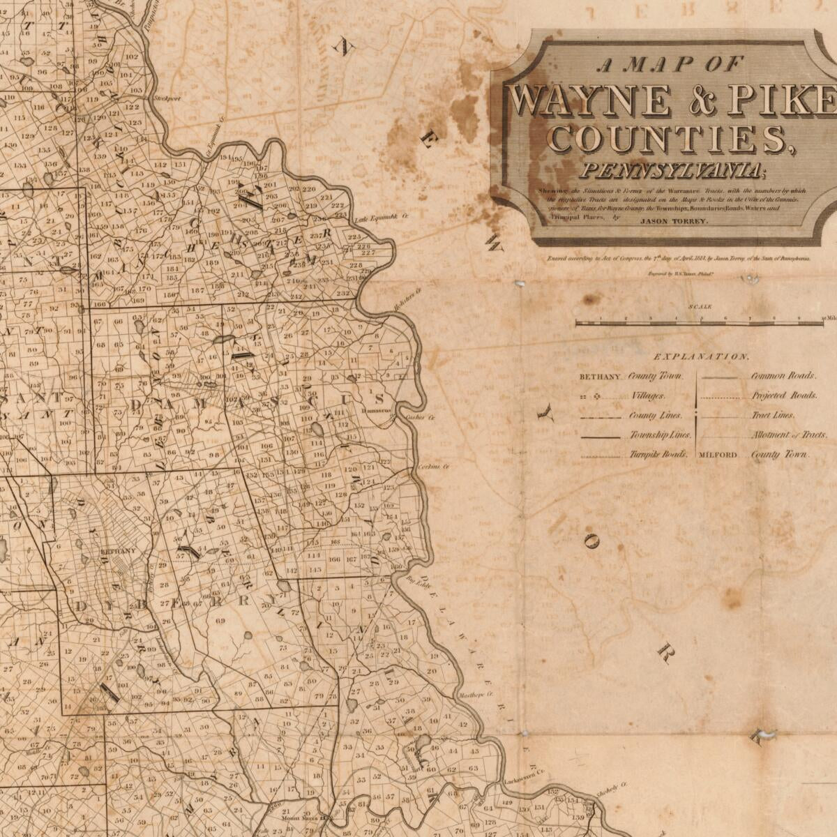This old map of A Map of Wayne & Pike Counties, Pennsylvania : Shewing the Situations & Forms of the Warrantee Tracts, With the Numbers by Which the Respective Tracts Are Distinguished In the Maps & Books In the Office of the Commissioners of Places for