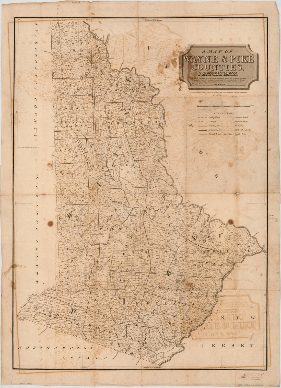 This old map of A Map of Wayne & Pike Counties, Pennsylvania : Shewing the Situations & Forms of the Warrantee Tracts, With the Numbers by Which the Respective Tracts Are Distinguished In the Maps & Books In the Office of the Commissioners of Places for