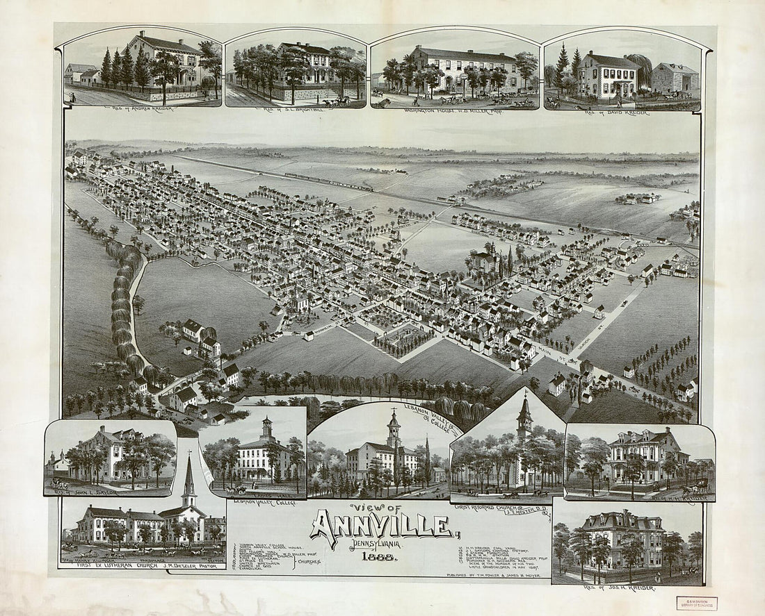 This old map of View of Annville, Pennsylvania, from 1888 was created by Fowler & Moyer, T. M. (Thaddeus Mortimer) Fowler, James B. Moyer in 1888