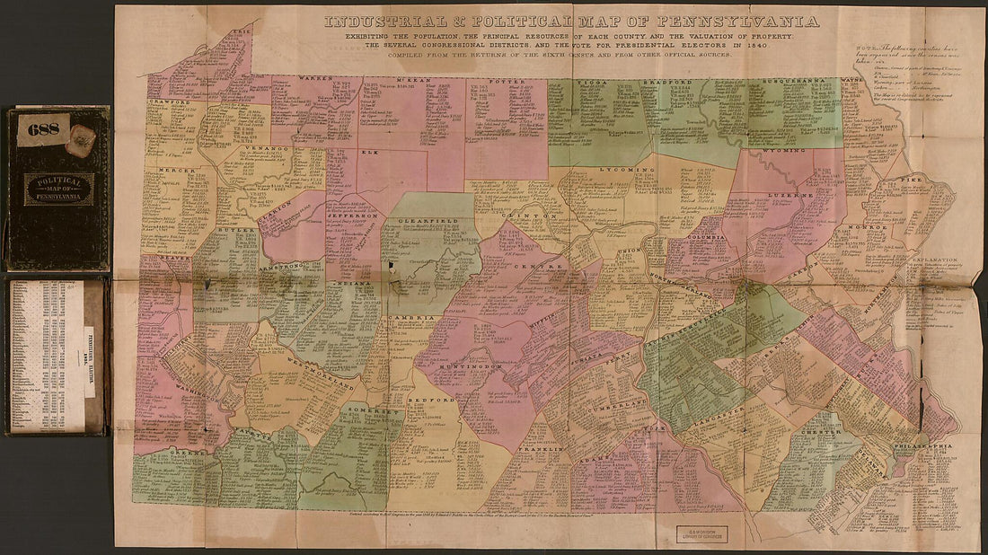 This old map of Industrial & Political Map of Pennsylvania : Exhibiting the Population, the Principal Resources of Each County, and the Valuation of Property, the Several Congressional Districts, and the Vote for Presidential Electors In from 1840. (Indu