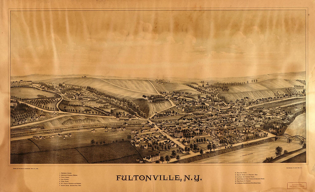 This old map of Fultonville, New York from 1889 was created by Burleigh Litho, L. R. (Lucien R.) Burleigh in 1889