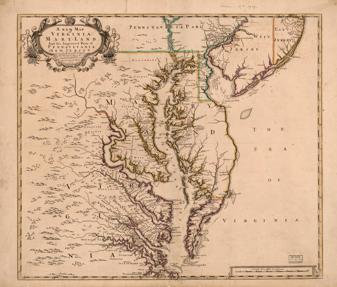 This old map of Land, and the Improved Parts of Pennsylvania & New Jersey. (New Map of Virginia, Maryland, and the Improved Parts of Pennsylvania and New Jersey) from 1719 was created by John Senex in 1719
