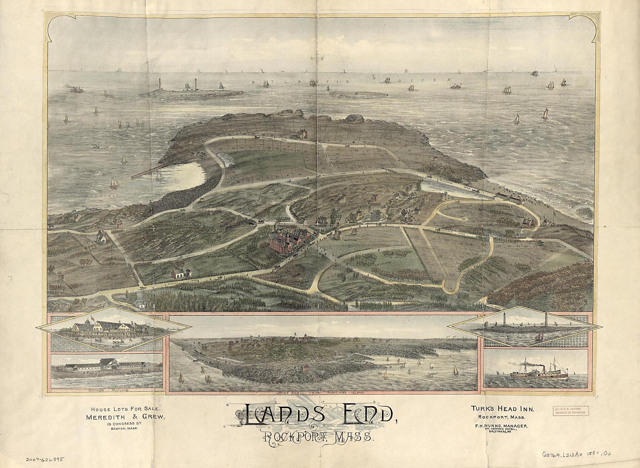 This old map of Lands End, Rockport, Massachusetts from 1880 was created by Meredith & Grew, O.H. Bailey & Co in 1880