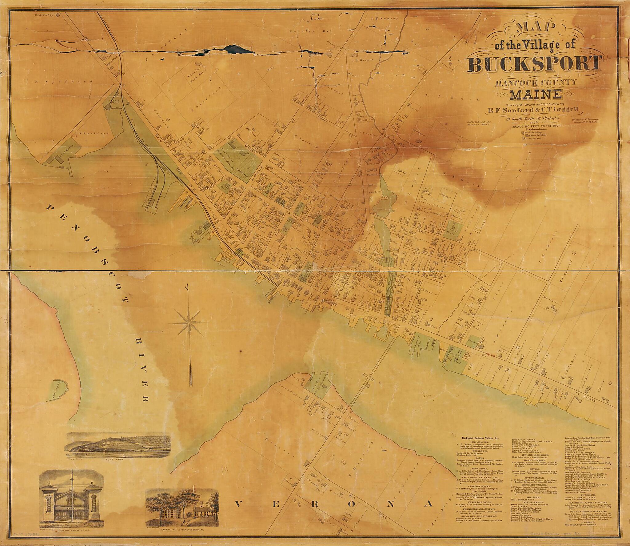 This old map of Map of the Village of Bucksport, Hancock County, Maine from 1875 was created by F. (Frederick) Bourquin, E.F. Sanford & C.T. Leggett, Worley & Bracher in 1875