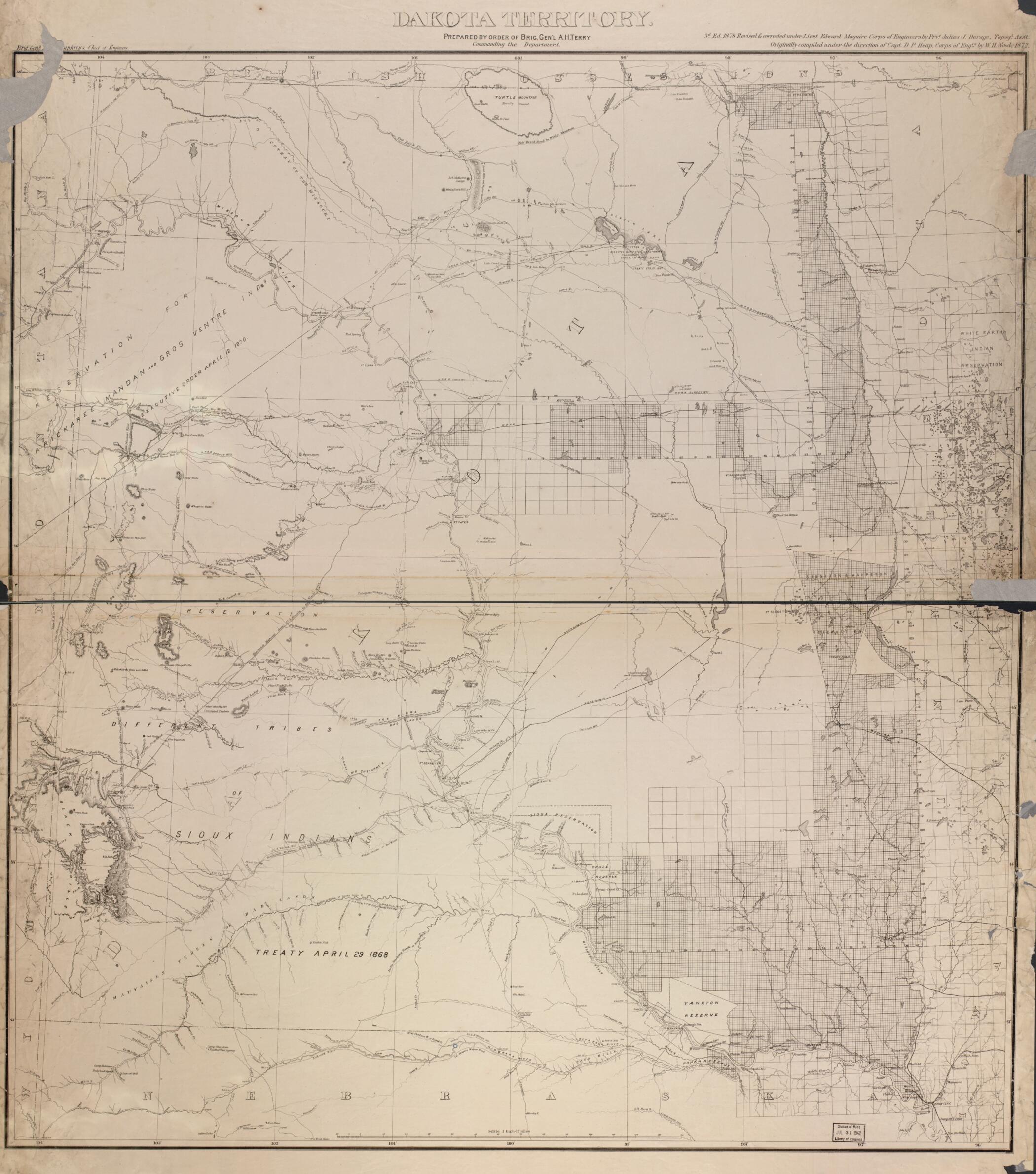 This old map of Dakota Territory from 1878 was created by Julius J. Durage, United States. War Department. Office of the Chief of Engineers in 1878