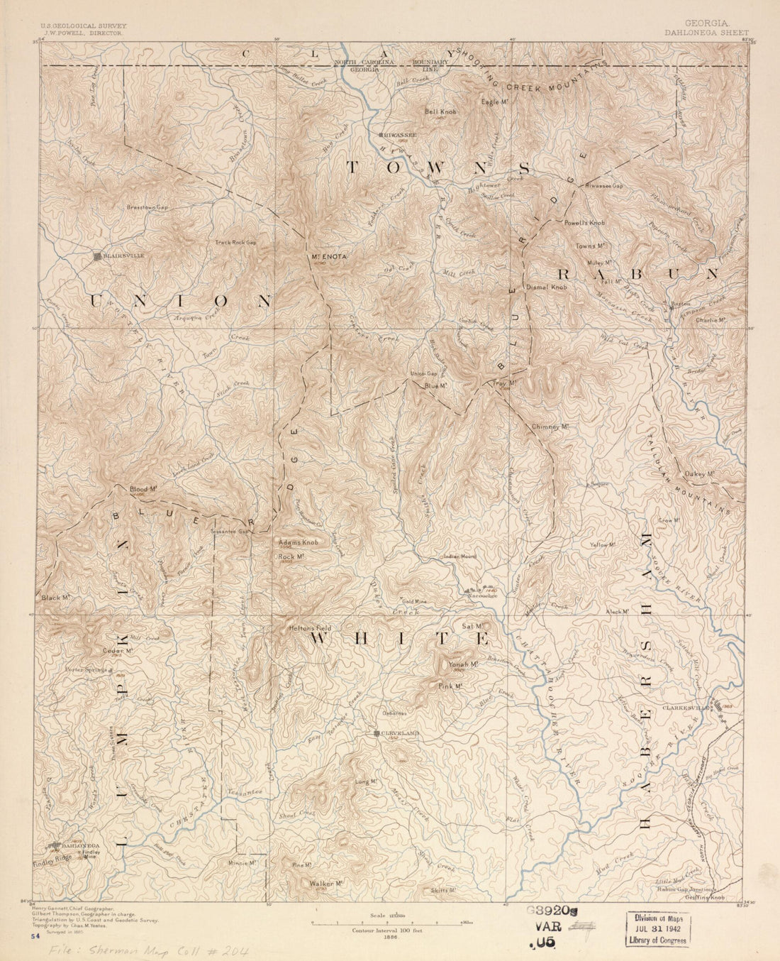 This old map of Georgia, Dahlonega Sheet from 1886 was created by Henry Gannett, Geological Survey (U.S.), Gilbert Thompson, U.S. Coast and Geodetic Survey, Chas. M. Yeates in 1886