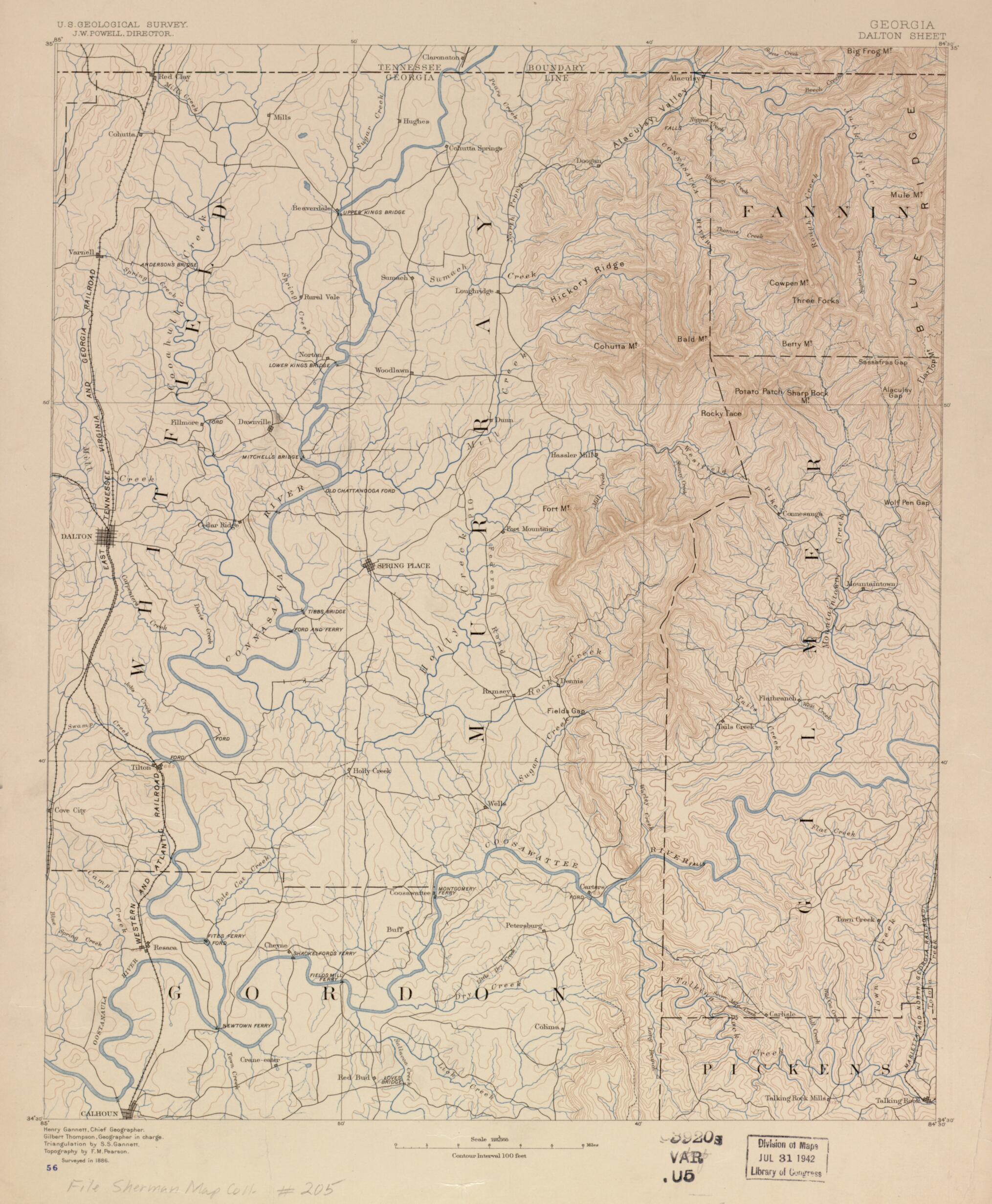This old map of Georgia, Dalton Sheet from 1886 was created by Henry Gannett, Samuel S. (Samuel Stinson) Gannett, Geological Survey (U.S.), F. M. Pearson, Gilbert Thompson in 1886