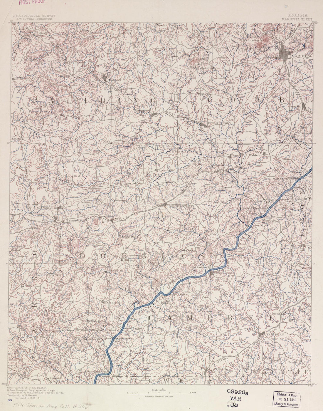 This old map of Georgia, Marietta Sheet from 1888 was created by Henry Gannett, Geological Survey (U.S.), M. Hackett, Gilbert Thompson, U.S. Coast and Geodetic Survey in 1888