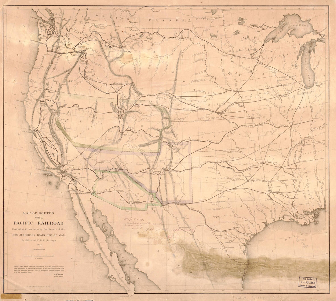 This old map of Map of Routes for a Pacific Railroad from 1855 was created by Bien & Sterner, United States. War Department. Office of P. R. R. Surveys, G. K. (Gouverneur Kemble) Warren in 1855