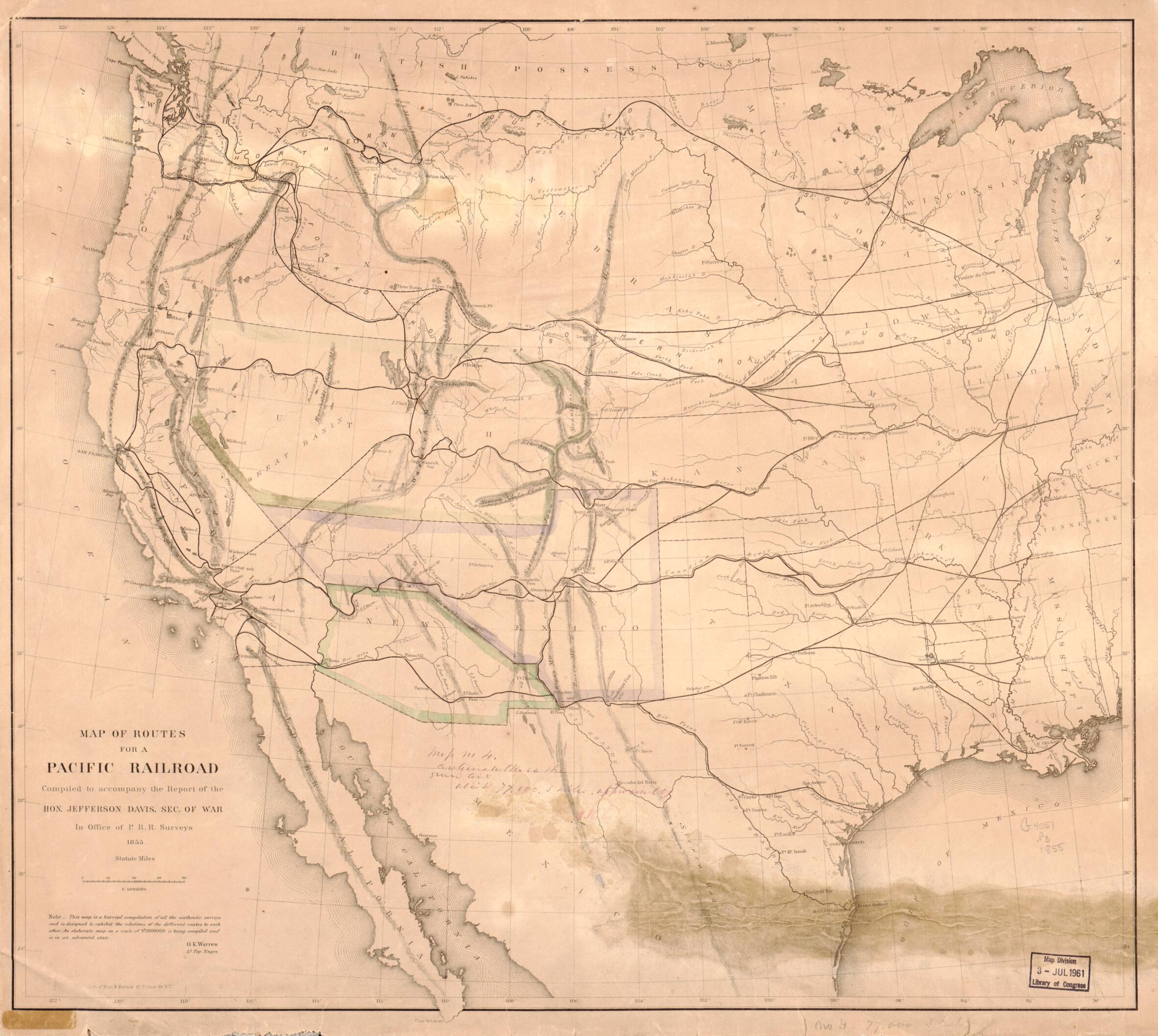 This old map of Map of Routes for a Pacific Railroad from 1855 was created by Bien & Sterner, United States. War Department. Office of P. R. R. Surveys, G. K. (Gouverneur Kemble) Warren in 1855
