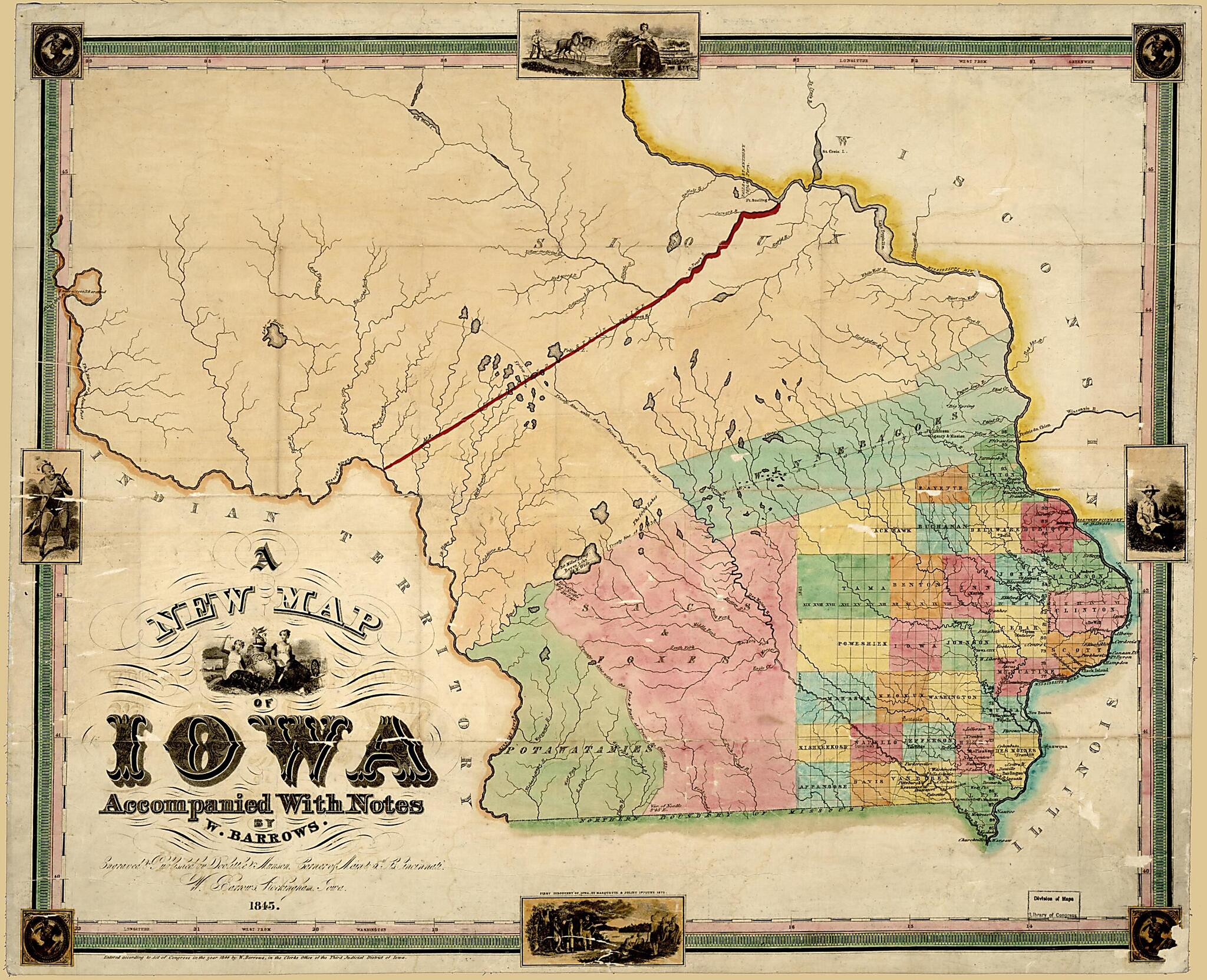 This old map of A New Map of Iowa : Accompanied With Notes by W. Barrows from 1845 was created by Willard Barrows,  Doolittle & Munson in 1845