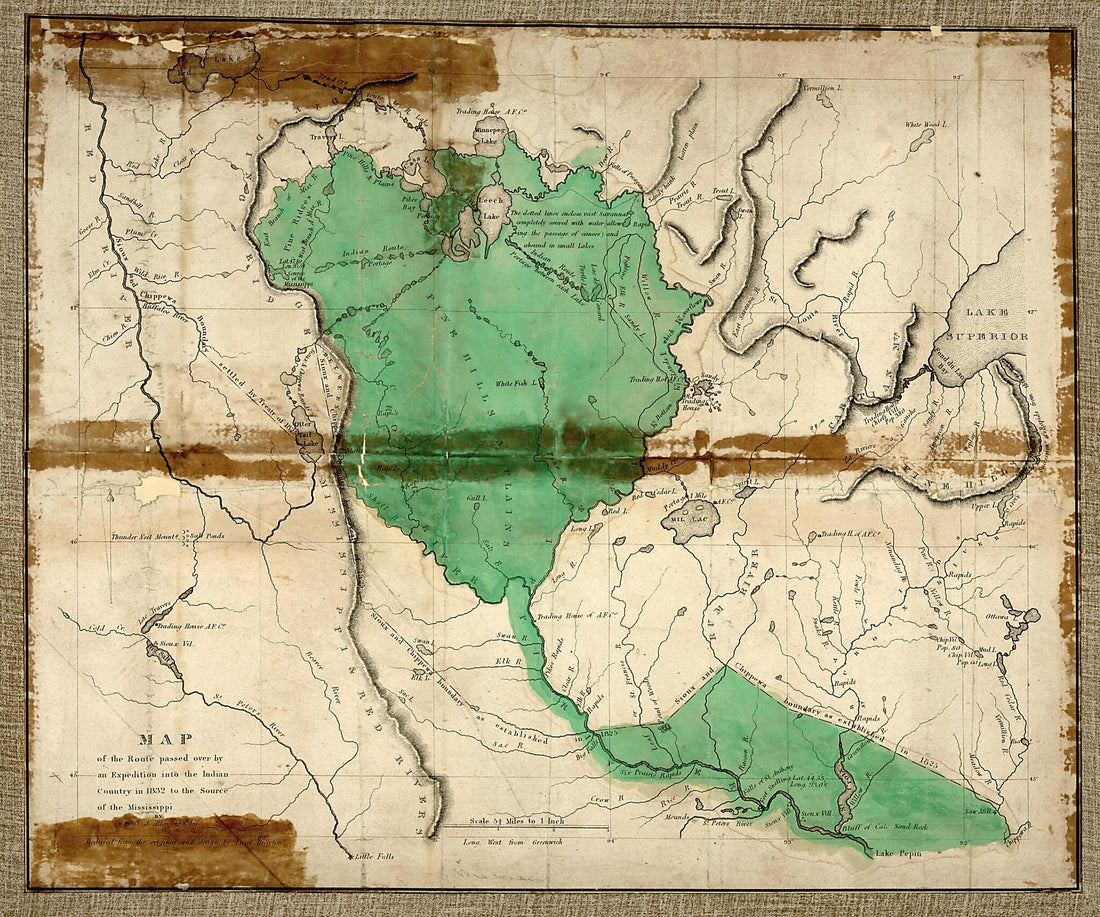 This old map of Map of the Route Passed Over by an Expedition Into the Indian Country In from 1832 to the Source of the Mississippi was created by James Allen, Drayton, United States. War Department in 1832