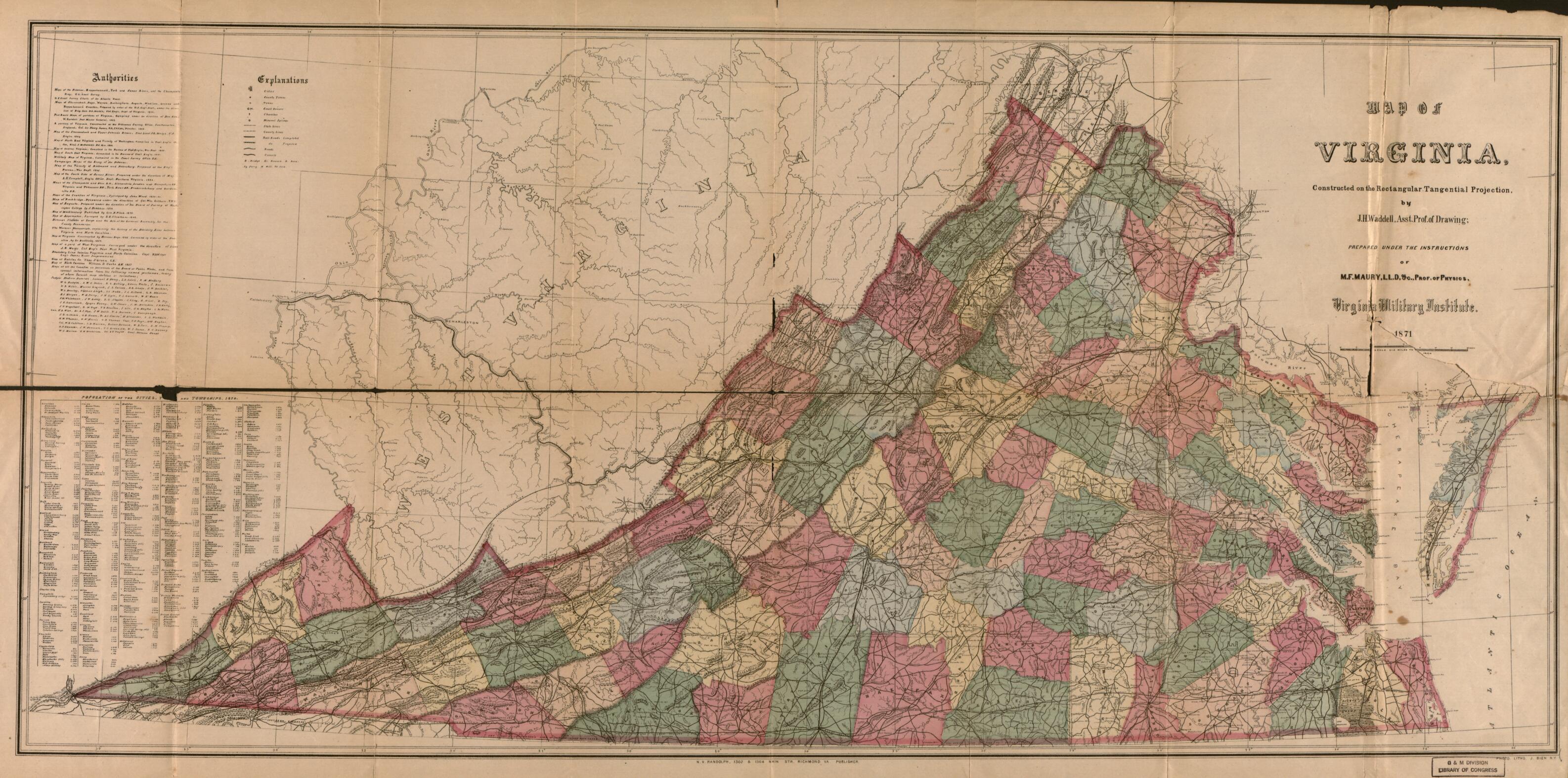 This old map of Map of Virginia from 1871 was created by Matthew Fontaine Maury, J. H. Waddell in 1871