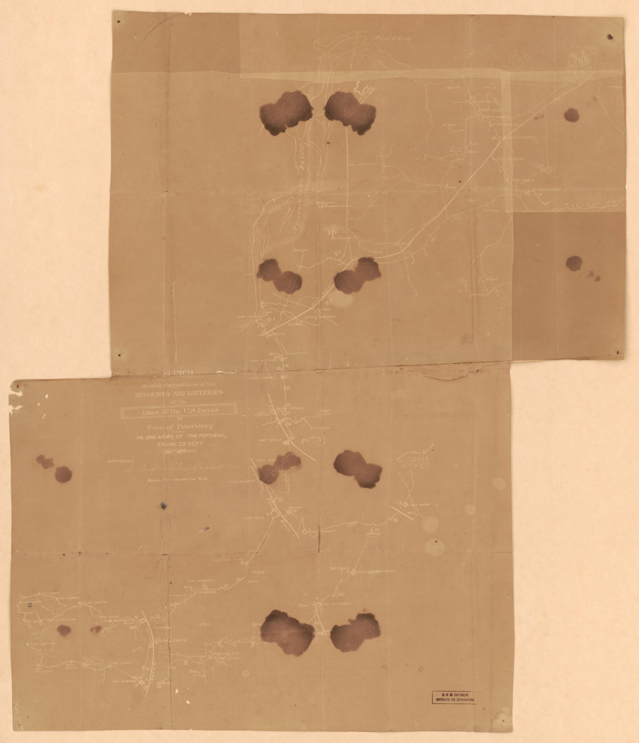 This old map of Sketch Showing the Positions of the Redoubts and Batteries of the Lines of the U.S. Forces In Front of Petersburg from 1864 was created by United States. Army of the Potomac. Engineer Department in 1864