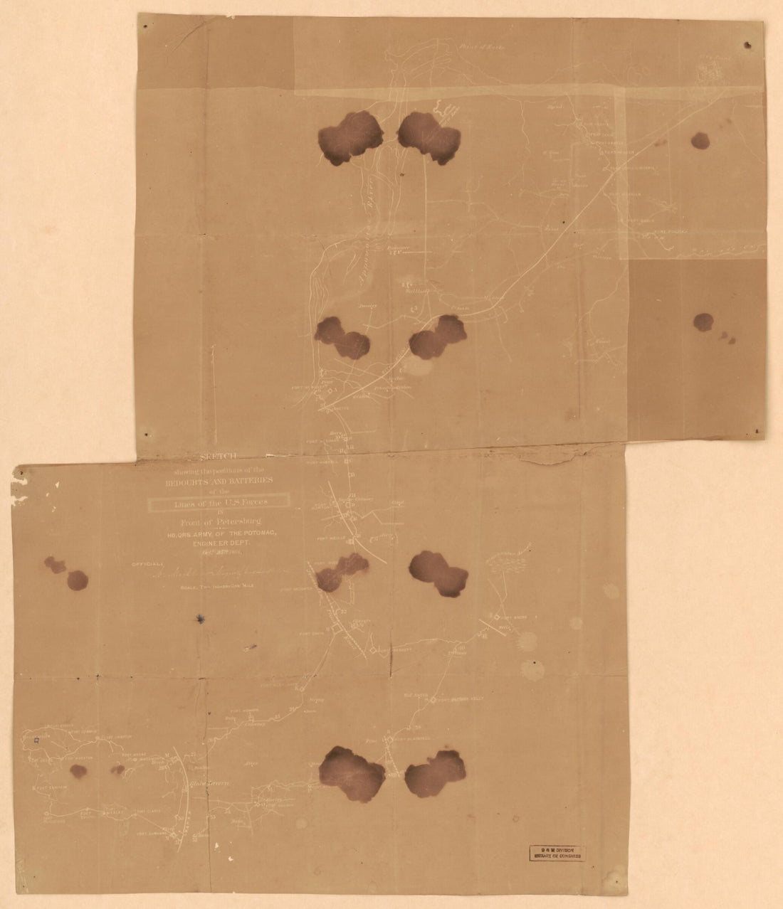 This old map of Sketch Showing the Positions of the Redoubts and Batteries of the Lines of the U.S. Forces In Front of Petersburg from 1864 was created by United States. Army of the Potomac. Engineer Department in 1864