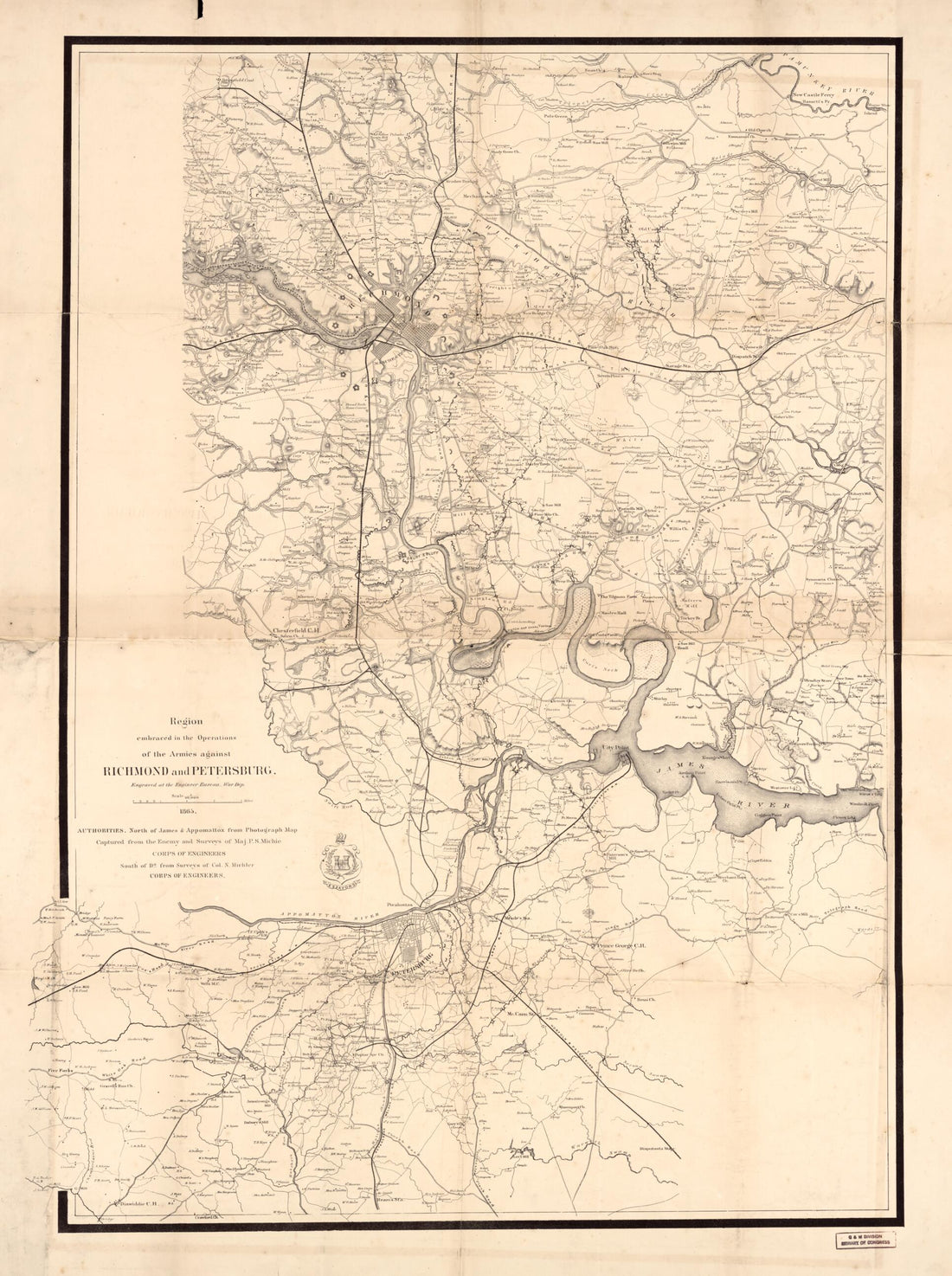 This old map of Region Embraced In the Operations of the Armies Against Richmond and Petersburg from 1865 was created by Peter Smith Michie, N. (Nathaniel) Michler, United States. Army. Corps of Engineers in 1865