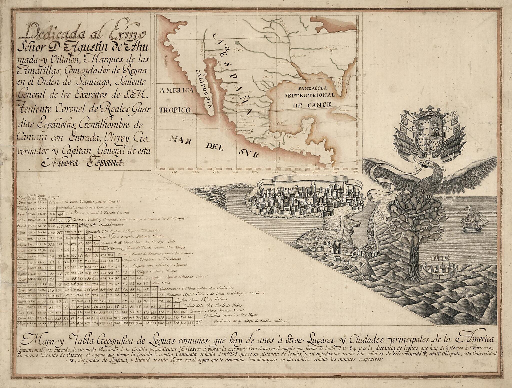 This old map of Mapa Y Tabla Geografica De Leguas Comunes Que Hay De Unos á Otros Lugares Y Ciudades Principales De La America Septentrional from 1750 was created by Agustín De Ahumada Y Villalón in 1750