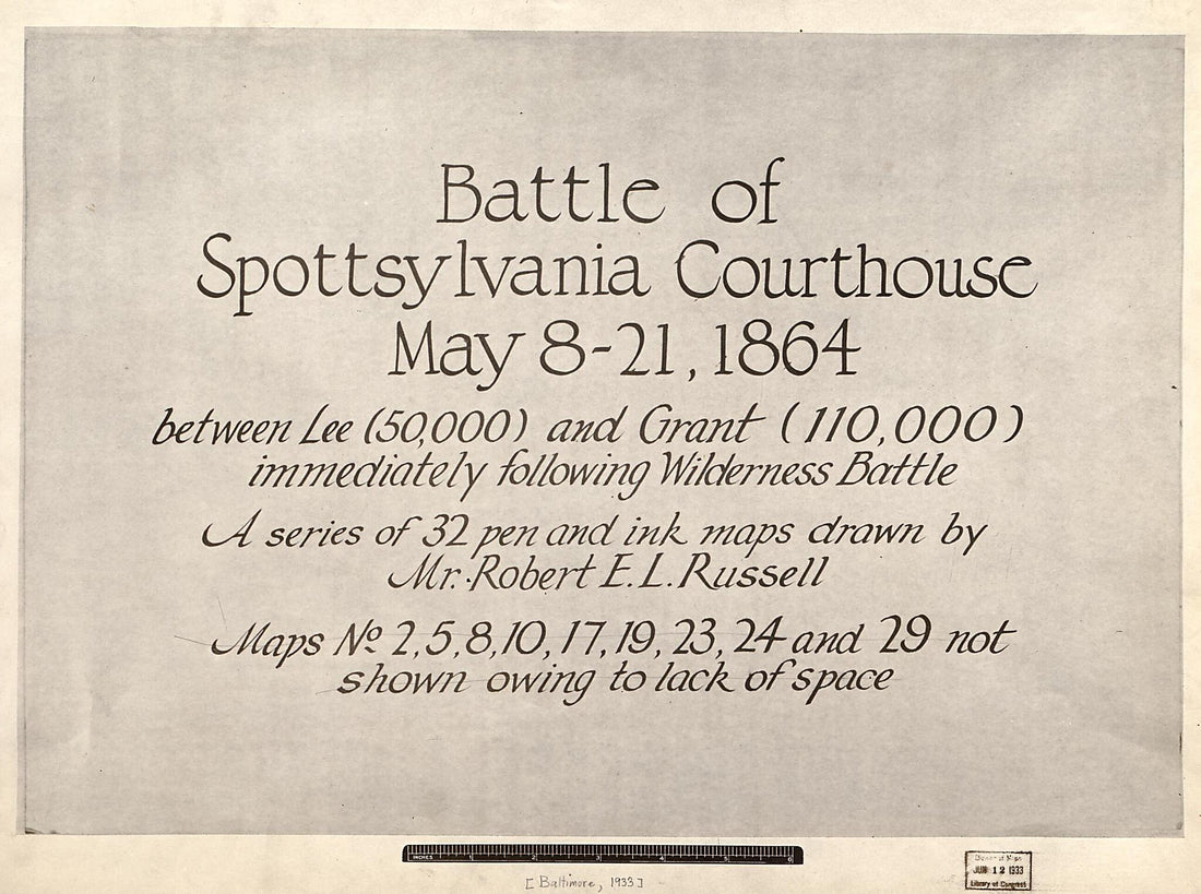 This old map of 21, from 1864 Between Lee (50,000) and Grant (110,000) Immediately Following Wilderness Battle was created by Robert E. L. Russell in 1864