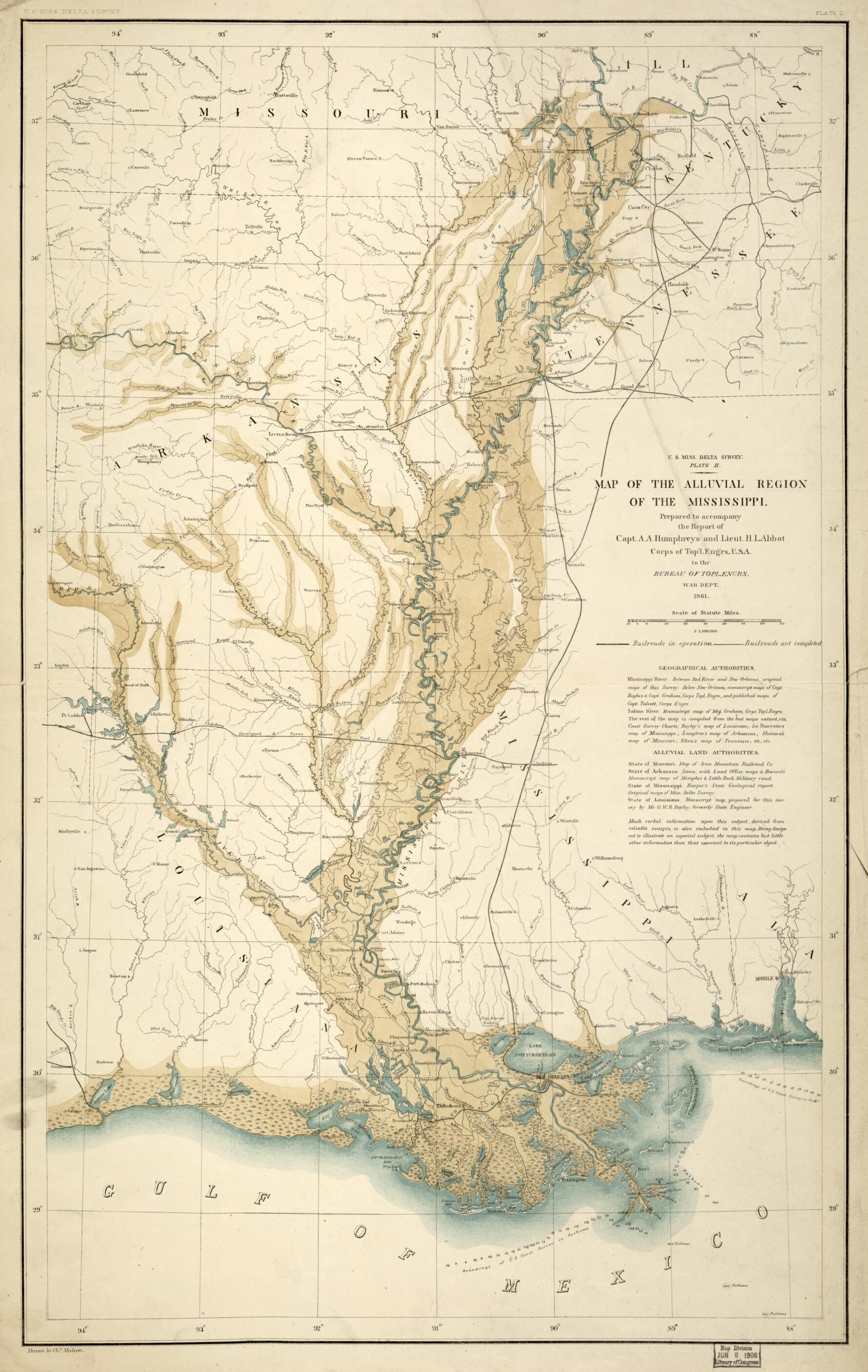 Map of the Alluvial Region of the Mississippi (U.S. Miss. Delta Survey, Plate II) 1861 by Relic Map Company