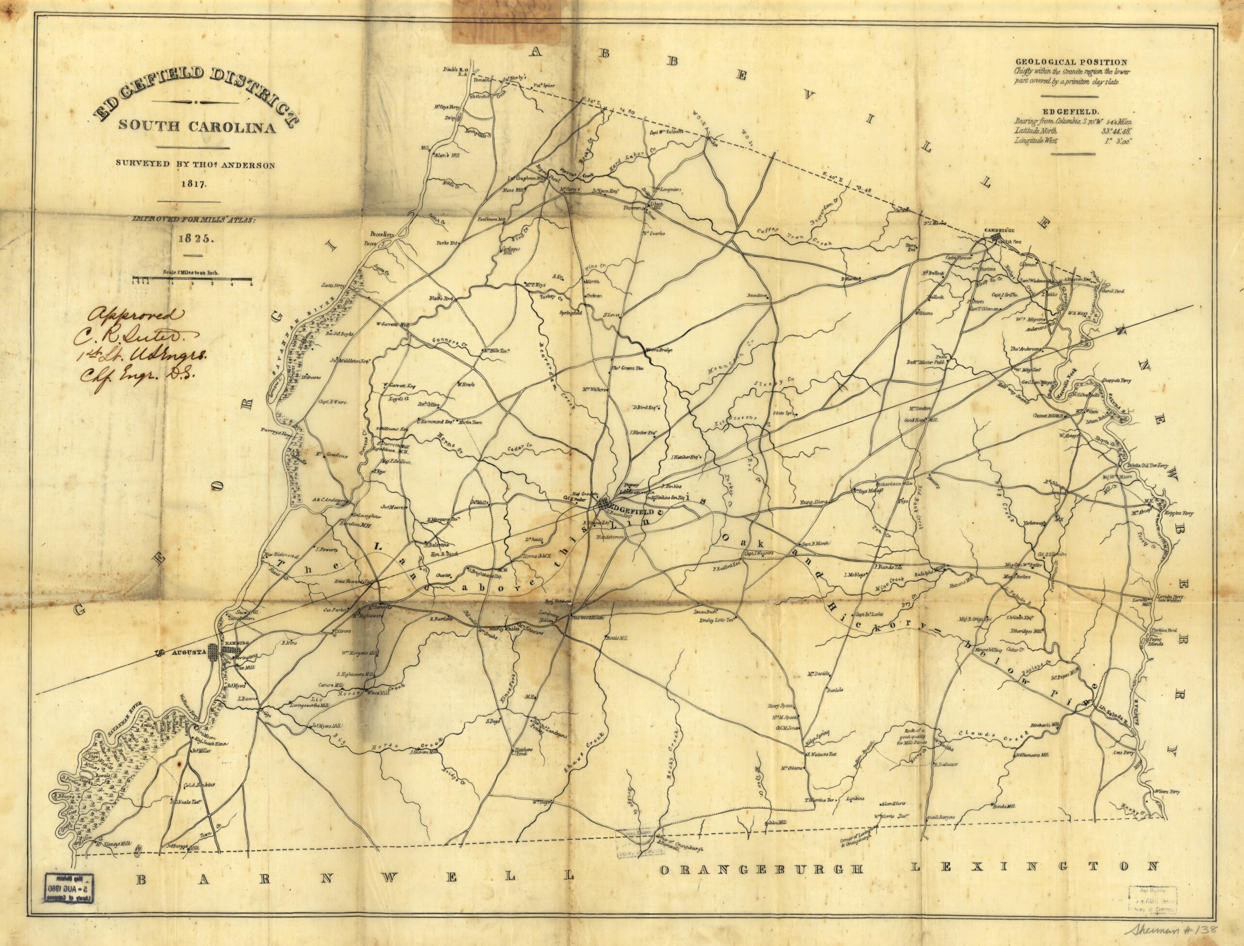 This old map of Edgefield District, South Carolina from 1825 was created by Robert Mills in 1825