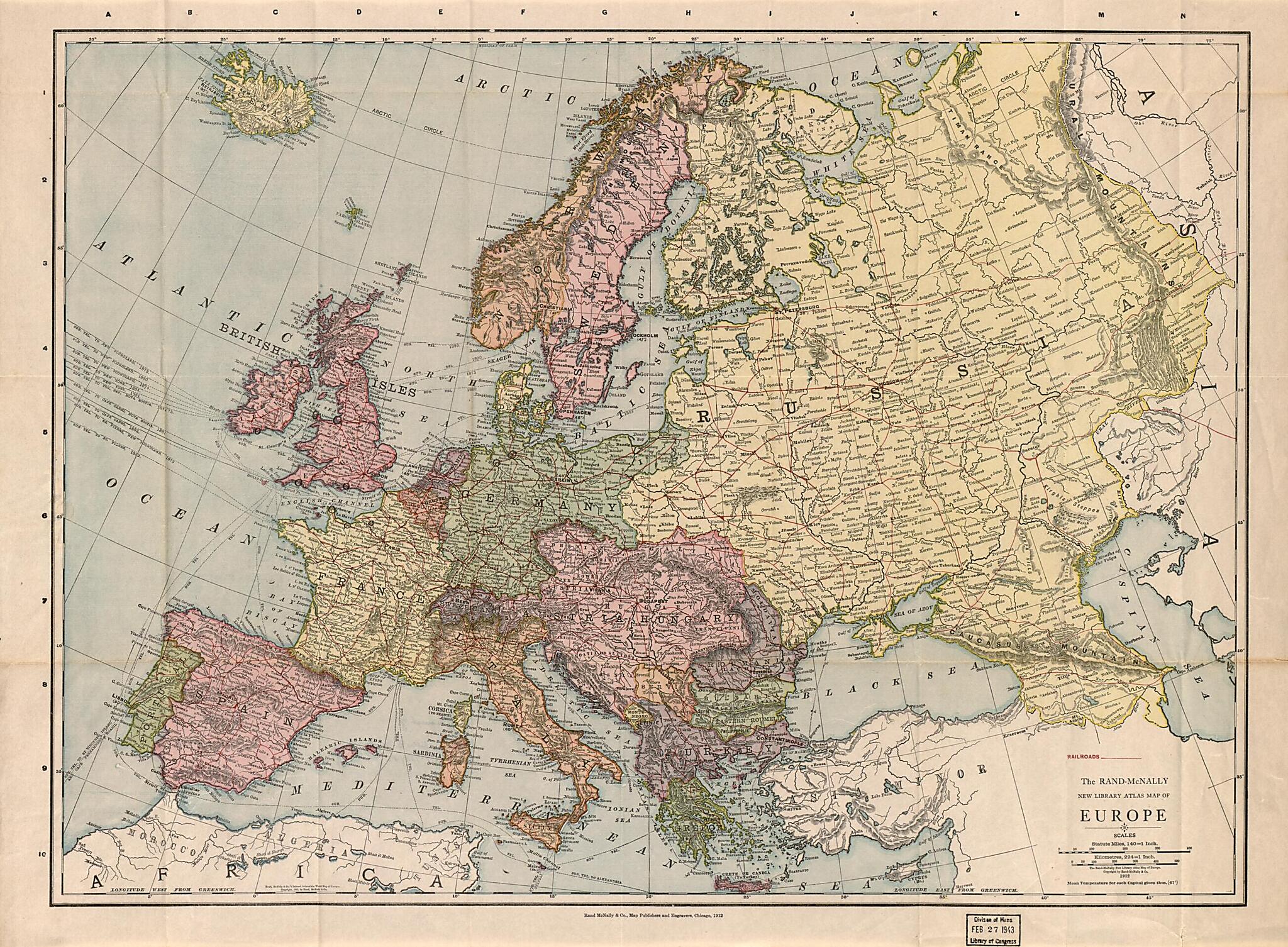 This old map of McNally New Library Atlas Map of Europe (New Library Atlas Map of Europe, Europe) from 1912 was created by Rand McNally and Company in 1912