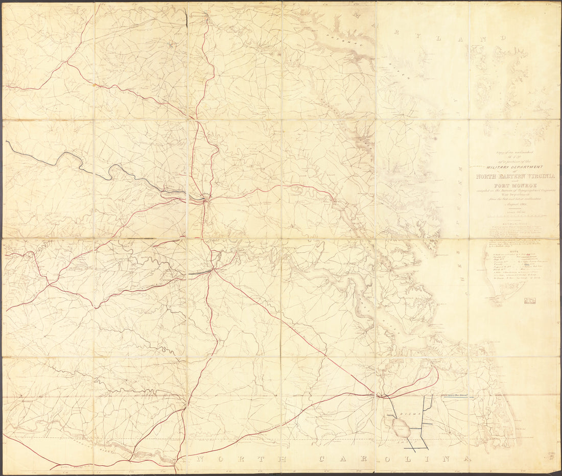 This old map of Copy of an Unfinished Map of a Portion of the Military Department of North Eastern Virginia and Fort Monroe from 1861 was created by United States. Army. Corps of Topographical Engineers in 1861