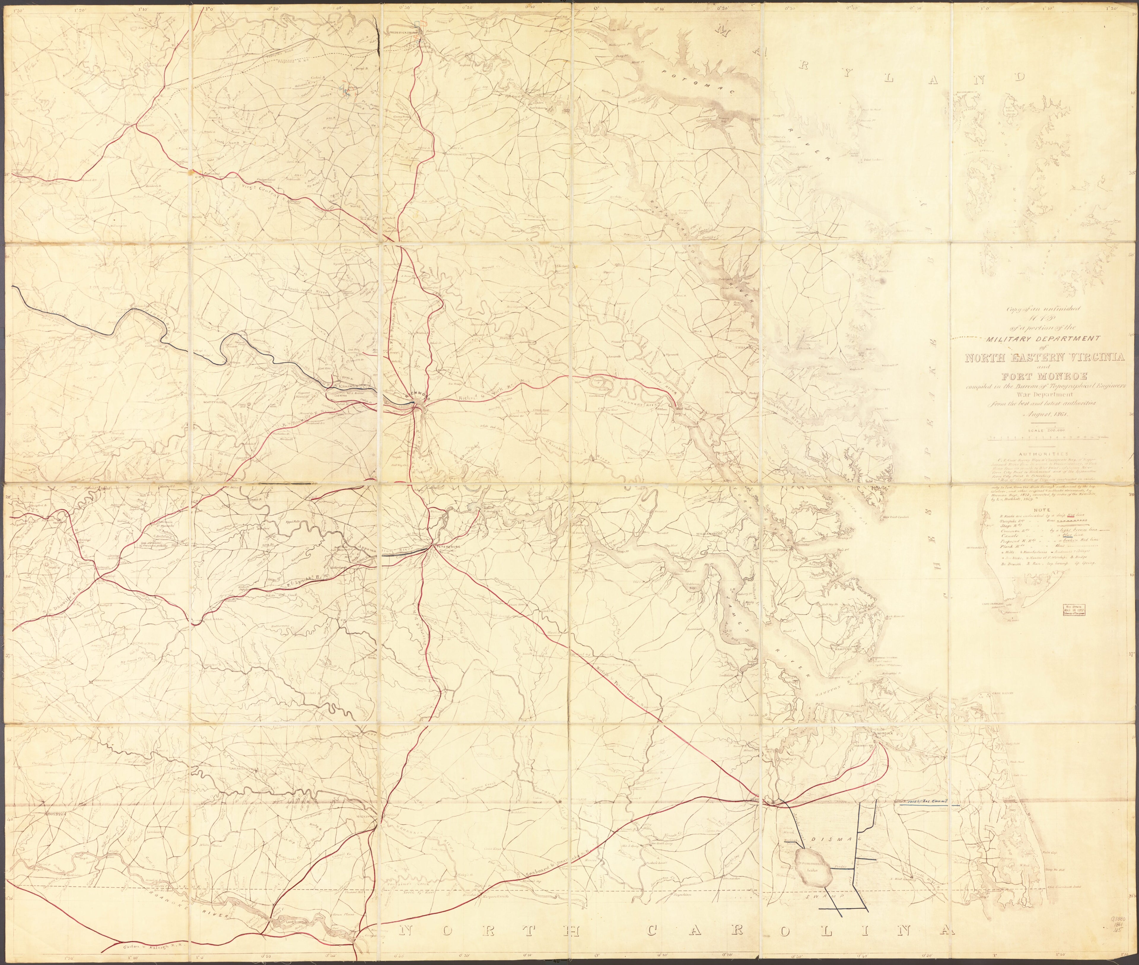 This old map of Copy of an Unfinished Map of a Portion of the Military Department of North Eastern Virginia and Fort Monroe from 1861 was created by United States. Army. Corps of Topographical Engineers in 1861