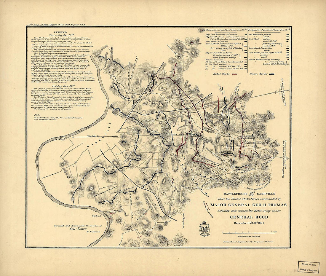 This old map of Battlefields In Front of Nashville Where the United States Forces Commanded by Major General Geo. H. Thomas Defeated and Routed the Rebel Army Under General Hood, December 15th & 16th from 1864 was created by M. Peseux in 1864