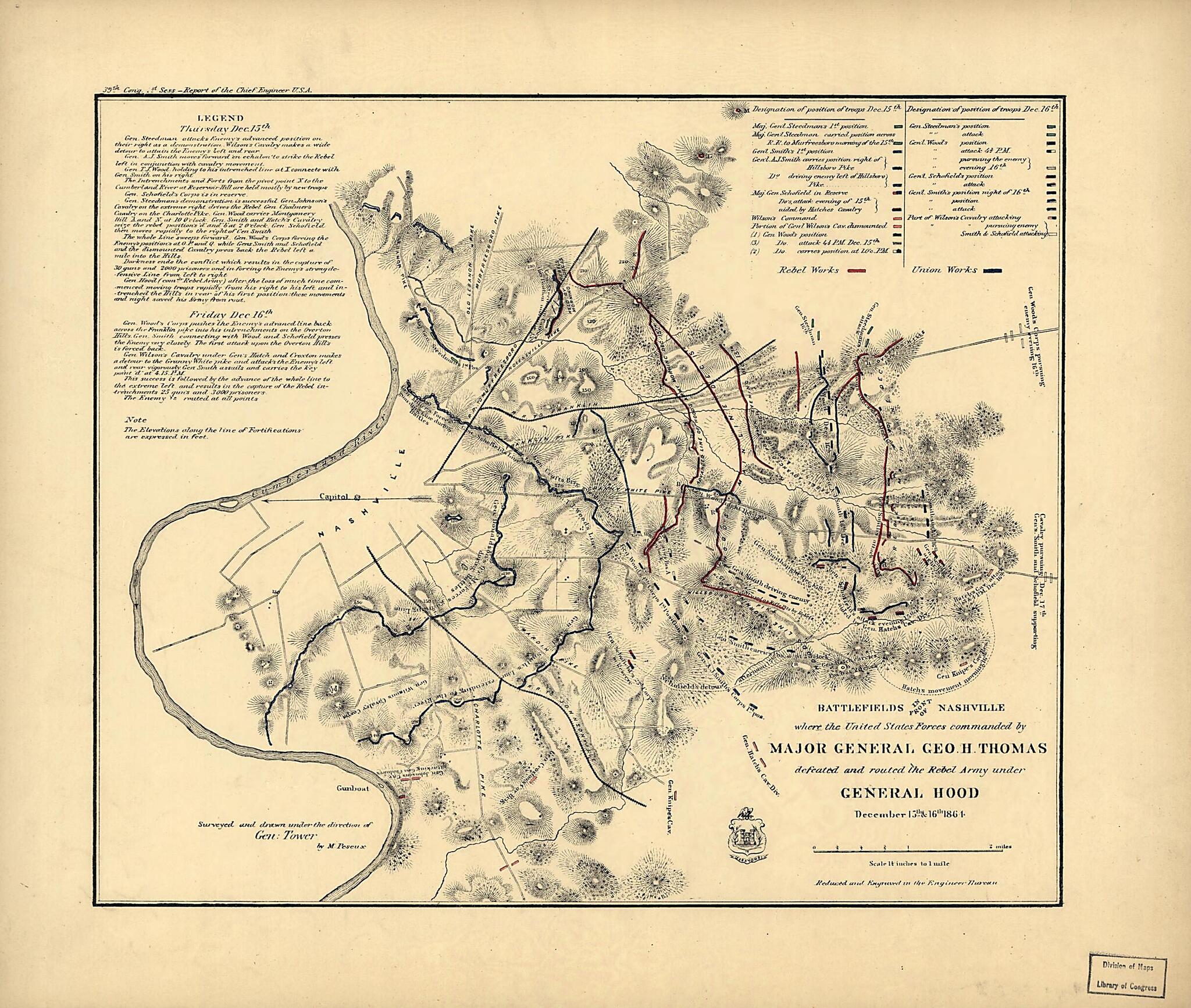 This old map of Battlefields In Front of Nashville Where the United States Forces Commanded by Major General Geo. H. Thomas Defeated and Routed the Rebel Army Under General Hood, December 15th & 16th from 1864 was created by M. Peseux in 1864