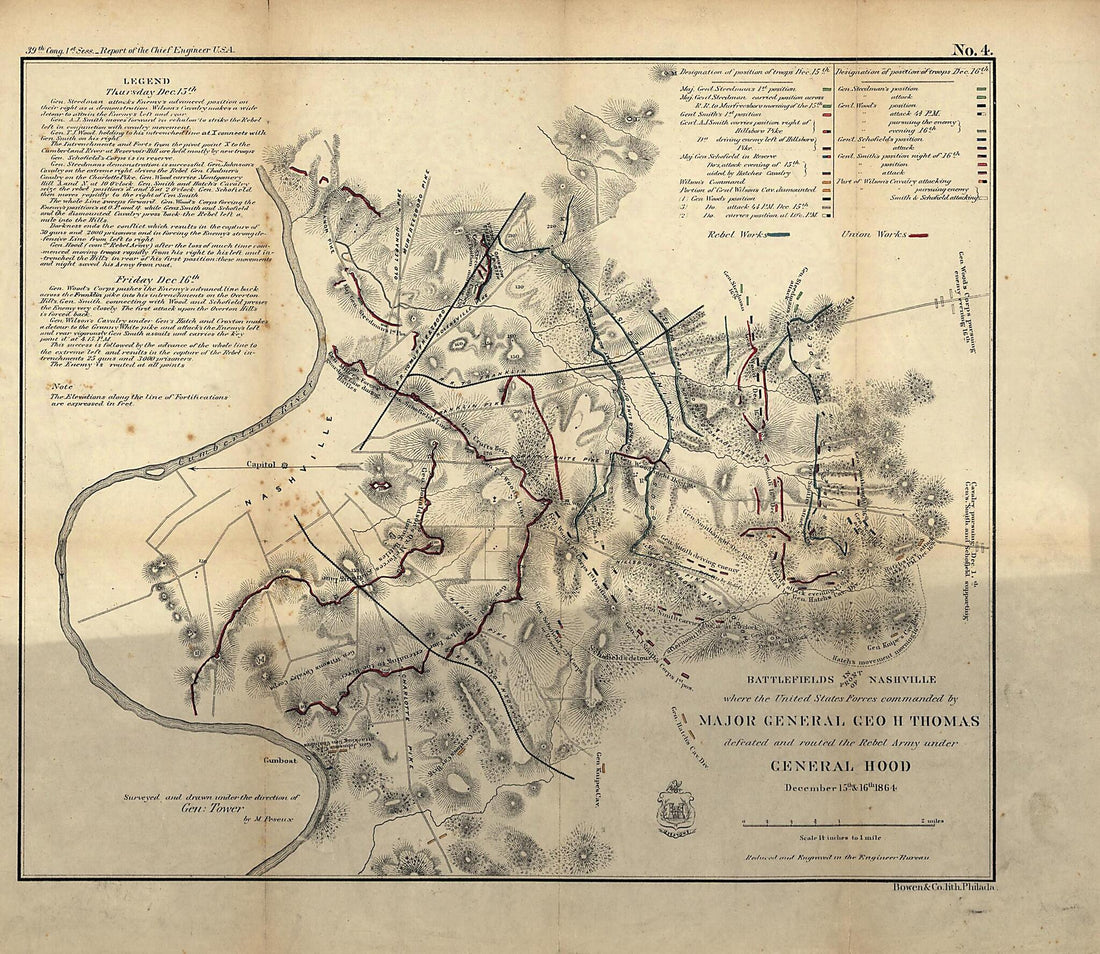 This old map of Battlefields In Front of Nashville Where the United States Forces Commanded by Major General Geo. H. Thomas Defeated and Routed the Rebel Army Under General Hood, December 15th & 16th, from 1864 was created by M. Peseux in 1864