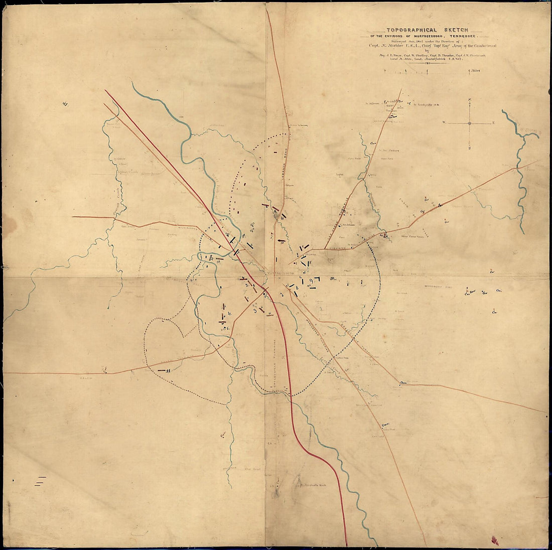 This old map of Topographical Sketch of the Environs of Murfreesboro, Tennessee / Surveyed Jan. from 1863 Under the Direction of Capt. N. Michler, U.S.A., Chief Topl. Engr., Army of the Cumberland, by Maj. J.E. Weyss, Capt. W. Starling, Capt. D. Thruston